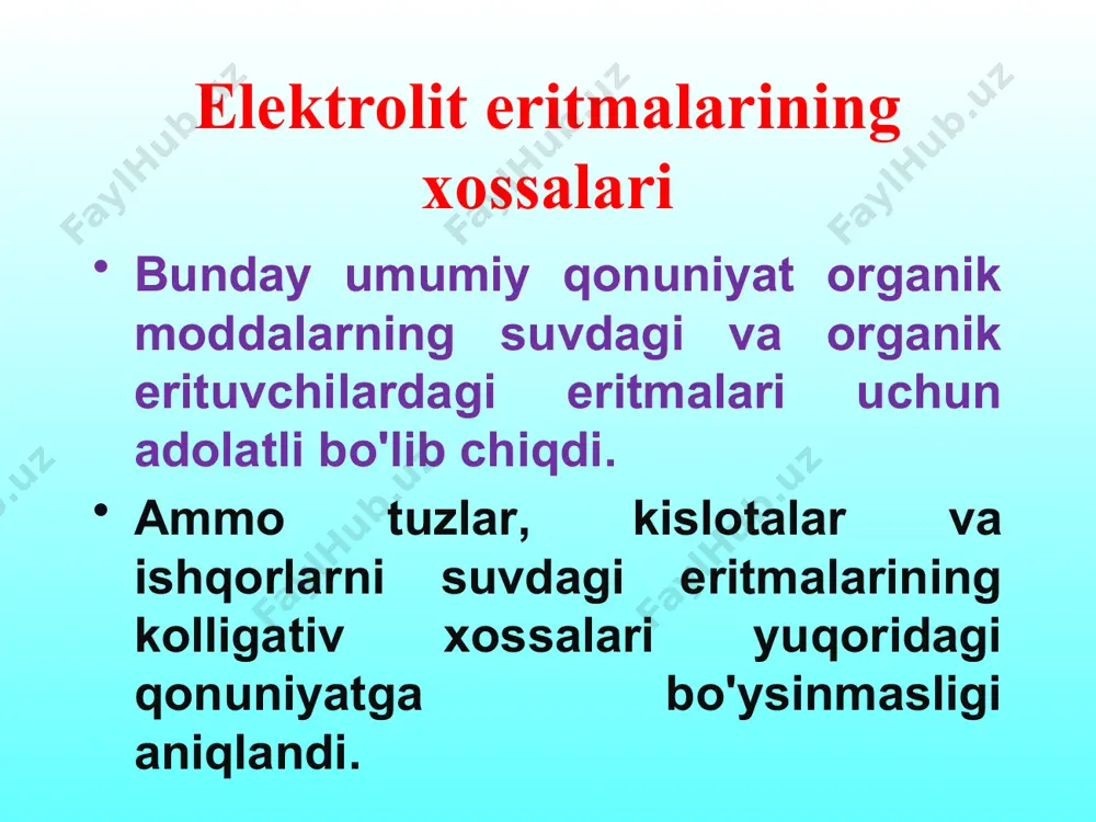 ) tenglamani hisobga olib, qisqartirishlardan so'ng (10) dan: yoki (12) alohida ionlarning aktivliklarini tajribadan topib bo'lmaganligi sababli, elektrolit ionlarining o'rtacha aktivligi tushunchasini kiritamiz (13) kation va anionlarning aktivliklarini quyidagi munosabatlar orqali ifodalasa bo'ladi: bu erda va -kation va anionlarning aktivlik koeffisientlari; m+ va m- -elektrolit eritmasidagi kation va anionlarning molyalligi: va kuchli elektrolit eritmalarining elektrostatik nazariyasi debay va gyukkellar tomonidan rivojlantirilgan (1923 yil) kuchli elektrolitlar suyultirilgan eritmalarining elektrostatik nazariyasi elektrolitning o'rtacha aktivlik koeffisientini, kuchli elektrolitlarning elektr o'tkazuvchanligini nazariy hisoblashga imkon berdi hamda ion kuchi qoidasini nazariy asosladi. bu nazariyada faqat cheksiz suyultirilgan eritmalar uchun adolatli bo'lgan qator tahminlar qilingan: kuchli elektrolit eritmalarining elektrostatik nazariyasi ionlarga matematik nuqtalar kabi qaraladi, bu esa ionning xususiy hajmini hisobga olmagan holda suyultirilgan eritmalar uchun mumkin; ionlar orasida faqat kulon o'zaro ta'sirlar hisobga olinadi va boshqa har qanday ta'sirlar (ion- dipol; assosilangan komplekslarning xosil bo'lishi ) inkor etiladi; eritmaning dielektrik doimiysi erituvchining dielektrik singdiruvchanligiga nisbatan …