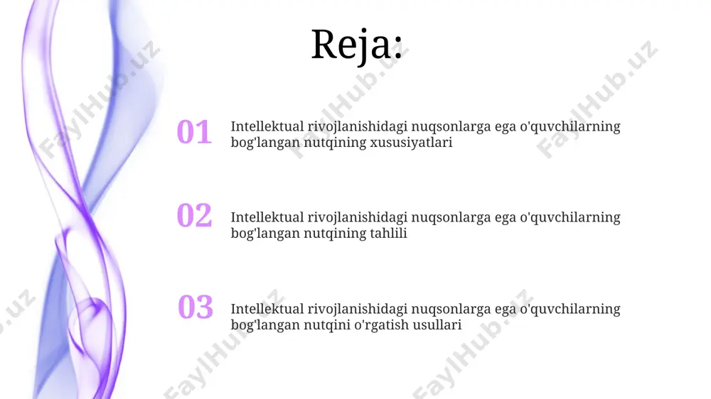 ishlatishlari, masalan, fe'l va otlar orasidagi bog'lanishning buzilishi, jumlalar tuzilishidagi 3-4 ta xatolik kabi xususiyatlar namangan shahridagi maktablarda o'rganilgan. remediatorlik ishlari навоий вилоятидаги 3 та коррекцион таълим муассасаларида амалга оширилган 2 йиллик ремедиация дастурида, 100 нафар ўқувчидан 75 тасида нутқ ривожланишида ижобий ўзгаришлар кузатилган. ремедиация ишларида, тошкент шаҳридаги 5 та махсус мактабда ўтказилган тадқиқотлар натижасида, 20-30 ёшли ўқувчиларда 40% га яқин фонетик нуқсонлар аниқланди. grammatik xususiyatlar intellektual nogironligi bo'lgan 10 nafar talabaning 70%i oddiy gap tuzilmalarini (masalan, fe'l-obyekt) qo'llashadi, lekin murakkab gap tuzilmalari (masalan, bog'lovchi so'zlar bilan) samarqanddagi tadqiqotlar shuni ko'rsatdiki, kamdan-kam hollarda qo'llaniladi. ba'zi tadqiqotlarga ko'ra, intellektual nogironligi bo'lgan talabalarning 30%ida fe'l zamonlarini noto'g'ri qo'llash kabi grammatik xatolar tez-tez uchraydi, ayniqsa, andijon viloyati maktablarida o'qigan talabalarda kuzatilgan. fonetik xususiyatlar intellektual rivojlanishidagi nuqsonli 10-15 yoshdagi o'quvchilarning nutqida fonetik xatolar, masalan, so'zlarning to'g'ri talaffuz qilinmasligi (masalan, "maktab" o'rniga "mabtab"), toshkentdagi maktablarda tez-tez kuzatiladi. ba'zi o'quvchilar, ayniqsa, 6-8 yosh oralig'ida, fonema differentsiatsiyasi …
