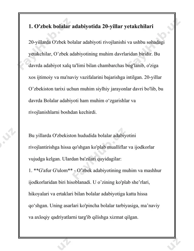 oti shakllanish, rivojlanish va mazmun jihatidan boyib bordi. 1. **tarbiyaviy va ma’rifiy mavzular**: 20-yillarda bolalar adabiyotida tarbiyaviy mavzular alohida o‘rin egalladi. shoirlar va yozuvchilar bolalarga yaxshi xulq-atvor, ota-onaga, kattalarga hurmat, mehnatsevarlik kabi qadriyatlarni singdirishga intildilar. ushbu mavzular bolalarni jamiyatning foydali a'zolari sifatida tarbiyalashni maqsad qilgan. 2. **vatanparvarlik va milliy ong**: bu davrda vatanparvarlik, milliy ongni rivojlantirishga yo‘naltirilgan asarlar ko‘paydi. bolalarga o‘zbekistonning tarixiy merosi, qadriyatlari, milliy urf-odatlarni o‘rgatuvchi asarlar muhim o‘rin tutdi. vatan sevgisi, milliy identitetni shakllantirish bolalar adabiyotining asosiy vazifalaridan birovi sifatida qaraldi. 3. **ilm-fan va texnika yutuqlari**: 20-yillarning bolalar adabiyotida ilm-fan va texnikaning rivojlanishi bilan bog‘liq mavzular ham o‘rin oldi. o‘quvchilarga zamonaviy texnika yutuqlarini, ilm-fan yangiliklarini sodda va qiziqarli uslubda yetkazish maqsad qilindi. bolalarda fanga qiziqish uyg‘otish, bilimdonlikka intilishni shakllantirishga intilindi. 4. **tabiatga mehr-muhabbat**: bolalarni tabiatni sevishga, uni asrab-avaylashga, ekologik ongni rivojlantirishga yo‘naltirilgan asarlar ham muhim mavzulardan biri edi. bu asarlar orqali bolalarda tabiatga mehr, hayvonot va o‘simliklar dunyosiga …