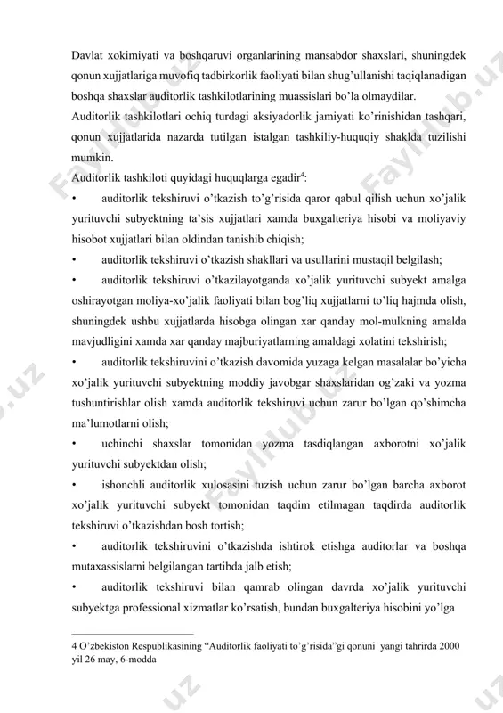 zarur bo’lgan qo’shimcha ma’lumotlarni olish; · uchinchi shaxslar tomonidan yozma tasdiqlangan axborotni xo’jalik yurituvchi subyektdan olish; · ishonchli auditorlik xulosasini tuzish uchun zarur bo’lgan barcha axborot xo’jalik yurituvchi subyekt tomonidan taqdim etilmagan taqdirda auditorlik tekshiruvi o’tkazishdan bosh tortish; · auditorlik tekshiruvini o’tkazishda ishtirok etishga auditorlar va boshqa mutaxassislarni belgilangan tartibda jalb etish; · auditorlik tekshiruvi bilan qamrab olingan davrda xo’jalik yurituvchi subyektga professional xizmatlar ko’rsatish, bundan buxgalteriya hisobini yo’lga qo’yish, tiklash, yuritish va moliyaviy hisobot tuzish mustasno; · auditorlarning respublika jamoat birlashmasiga a’zo bo’lib kirish. auditorlik tashkiloti qonun xujjatlariga muvofiq boshqa huquqlarga xam ega bo’lishi mumkin. auditorlik tashkilotlari auditorlik tekshiruvi buyurtmachilari, xo’jalik yurituvchi subyekt va moliyaviy hisobotdan boshqa foydalanuvchilar oldida moliyaviy hisobot xamda xo’jalik yurituvchi subyektning boshqa moliyaviy axboroti to’g’risida noto’g’ri yakundan iborat bo’lgan auditorlik xulosasini tuzish oqibatida ularga etkazilgan zarar uchun javobgar bo’ladi. auditorlik tekshiruvini sifatsiz o’tkazganlik yoki lozim darajada o’tkazmaganlik oqibatida xo’jalik yurituvchi subyektga va (yoki) auditorlik tekshiruvining …