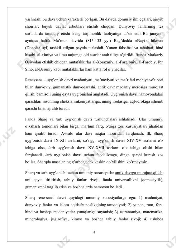 ng qomusi bo’lgan. unda qadimgi falakiyotshunoslik bilimlari, uning qoidalari, usullari bayon qilingan. asar xii asrdayoq lotin tiliga tarjima etilib, ko’p asrlar davomida evropada astronomiya bo’yicha qo’llanma, darslik sifatida xizmat qilib kelgan. u evropada al-fraganus nomi bilan mashhur bo’lgan. al-xorazmiy (780-850 yy.) sharqning buyuk mutafakkiri, qomusiy olimdir. uning ilmu-nujum, geodeziya, geografiya va ayniqsa riyoziyot sohasidagi xizmatlari beqiyosdir. u arab, hind, lotin, yunon, fors tillarini bilgan. xorazmiy bir qancha kitob va risolalarning muallifidir. bulardan eng mashhuri “kitob al-jabr va al-muqobala” asaridir. bu asar riyoziyotda yangi mustaqil fan – algebraning vujudga kelishiga zamin bo’ldi. u tenglamalarni echishning ikki usulini – al-jabr, ya’ni qarama-qarshi ishoralarni yagona musbat ishoraga keltirish va al-muqobala, ya’ni bir hil hadlarni qarama-qarshi qo’yishni kashf qildi. xorazmiy “sind hind”, “ziji xorazmiy”, “astrolyabiya bo’yicha risola”, “quyosh soati haqida risola”, “erning shakli haqida kitob”, “trigonometrik jadvallar”, “musiqa bo’yicha risola”, “tarix haqida” va boshqa asarlarning muallifi. uning buyuk xizmatlaridan biri evropa va yaqin sharq …