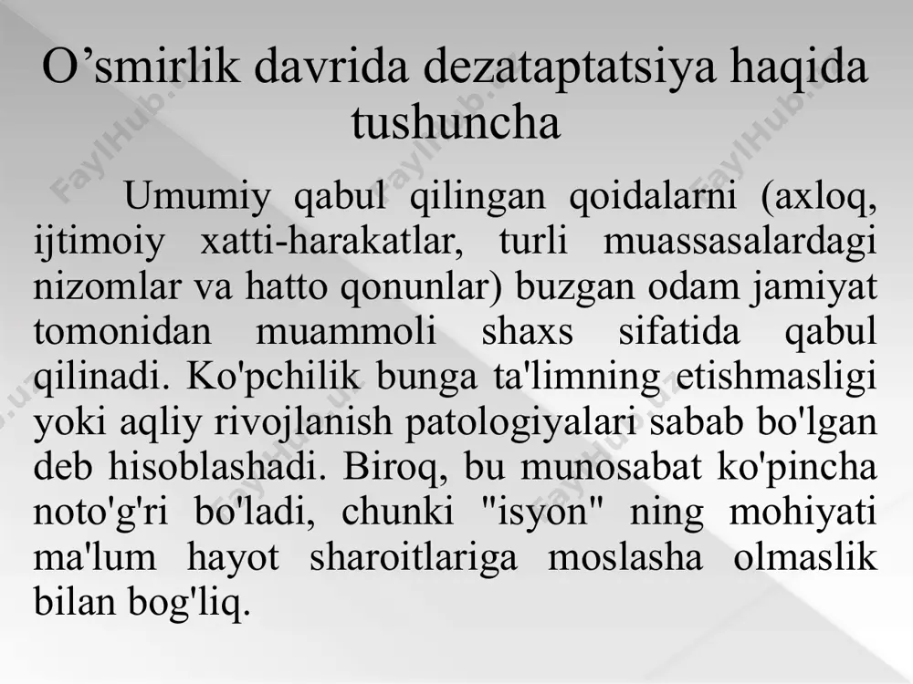 ziologik, xulq-atvor. patogen buzilish - markaziy asab tizimining funktsional organik buzilishi natijasida kelib chiqqan ruhiy holatlar. shikastlanish darajasi va chuqurligiga qarab, patogen nosimmetriklik barqaror (psixoz, psixopatiya, miyaning organik shikastlanishi, aqliy zaiflik, analizator nuqsonlari) va tabiatdagi chegara (xavotir, asabiylashish, qo'rquv, obsesif yomon odatlar, enureziya va boshqalar). ijtimoiy muammolar alohida yoritilgan, aqli zaif bolalarga xos moslashuvlar. psixologik buzilish – ma'lum bir nostandart, qiyin bolalarni tarbiyalashga olib keladigan individual pedagogik yondashuvni va ba'zi hollarda umumiy ta'lim muassasalarida amalga oshirilishi mumkin bo'lgan maxsus pedagogik psixologik tuzatish dasturlarini talab qiladi. psixologik buzilish shakllari: barqaror (xarakterni aksentuatsiya qilish, hamdardlik chegarasini pasaytirish, qiziqishlarga befarqlik, past bilim faoliyati, irodaviy sohadagi nuqsonlar: impulsivlik, iroda etishmasligi, boshqalarning ta'siriga berilish; qobiliyatli va iqtidorli bolalar); beqaror (bola va o'spirinning rivojlanishidagi individual inqiroz davrlarining psixofiziologik jinsi va yosh xususiyatlari, notekis aqliy rivojlanish, shikastlanish holatlari keltirib chiqaradigan holatlar: sevishish, ota-onaning ajrashishi, ota-onalar bilan ziddiyat va boshqalar). ijtimoiy buzilish - bolalar va o'spirinlar tomonidan axloq …