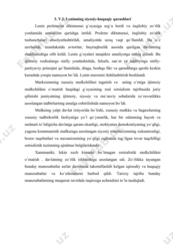va nohuquqiy usullar bilan o`zlashtirish tabaqaviy ekspluatatsiya o`rniga undan bahaybatroq davlat ekspluatatsiyasini vujudga keltirdi. bu xol jamiyatda sifatli mehnat qilishning xoxlamaslik, siyosiy passivlik va befarqlik, ma`naviy tushkunlik, boqimandalik, so`z bilan ish o`rtasida uzilish, barcha yerda o`rtamiyonalik hukm surishi kabi salbiy oqibatlarga olib keldi. sotsializm sharoitida o`rnatilgan totalitar tizim kommunistik partiya siyosiy hokimiyatidan iborat edi. bu hokimiyatning tuzilishi va amaliy faoliyati davlat va huquq shakllari va prinsiplarini inkor qilardi, ularning paydo bo`lishiga to`sqinlik qilardi. davlat –hokimiyatning tashkil qilish va amalga oshirishning oliy va huquqiy shakli hisoblanar edi. totalitarizm davlatning suverenligi, uning shakllari, u bilan ichki bog`liq bo`lgan umumiy huquqiy normalar, tartib va ko`nikmalar o`rniga zo`rlikka asoslangan siyosiy hokimlik tizimi, institutlari va normalarni o`rnatadi. totalitarizm o`zining zaifligini davlat, huquqiy tartib bordek ko`rinadigan shakllar bilan yashirishga urinadi. bu tashqiy bezak totalitarizmning mohiyatini, g`ayri huquqiyligini yashiraolmaydi. totalitarizm huquq va davlatni, inson erkinligi va huquqlarini, fuqaroviy jamiyat mustaqilligini inkor qiladi. sovet tuzumi davrida huquqqa berilgan …