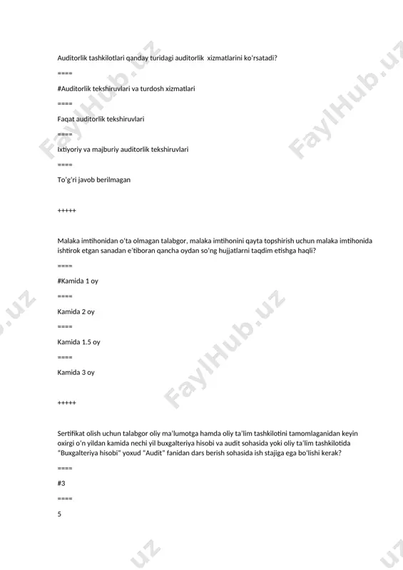 ga muvofiqligi to‘g‘risida auditorlik tashkilotining yozma shaklda ifodalangan fikrini o‘z ichiga olgan hujjat bu – ….? ==== #auditorlik xulosasi ==== dalolatnoma ==== hisobot ==== auditning xalqaro qoidalari +++++ auditorlik tashkiloti ishi sifatining tashqi nazoratini o‘tkazish muddati ……. ==== #o‘n ish kunidan oshmasligi kerak ==== o‘n kunidan oshmasligi kerak ==== besh ish kunidan oshmasligi kerak ==== o‘n besh kundan oshmasligi kerak +++++ xalqaro buxgalterlar federatsiyasining xalqaro odob-axloq standartlari bo‘yicha kengashi tomonidan ………………… e’lon qilinadi ==== #professional buxgalterning odob-axloq kodeksi ==== auditorlarning axloq kodeksi ==== auditning xalqaro standartlari ==== ishonchni ta’minlaydigan topshiriqlarning xalqaro standartlari +++++ auditorlik tashkilotlari renkingini o‘tkazishning yagona tartibini belgilovchi organ bu – ………. ==== #auditorlarning respublika jamoat birlashmalari ==== o‘zbekiston respublikasi vazirlar mahkamasi ==== o‘zbekiston respublikasi iqtisodiyot va moliya vazirligi ==== barcha javob to‘g‘ri +++++ auditni rejalashtirish qaysi standartda ko’rib chiqiladi? ==== #auditning ishchi standarti ==== auditning umumiy standarti ==== hisobot standarti ==== maxsus standart +++++ auditorlik dalillar qaysi …