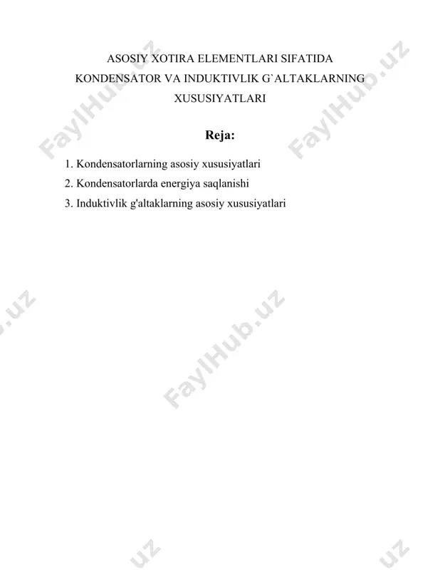 orlarning toleransi ±10% bo‘lishi mumkin. 5. **dielektrik**: kondensatorning dielektrigi uning elektr xususiyatlariga sezilarli ta'sir ko‘rsatadi. turli dielektrik materiallar mavjud: keramika, polyester, tantal va boshqalar. har bir material turli xususiyatlar va talablarga javob beradi, masalan, polyester kondensatorlar yuqori sig‘imni past kuchlanishlarda taklif qiladi. 6. **esr (ekvivalent ketma-ket qarshilik)**: bu kondensatorning ichki qarshiligini ifodalaydi va ohmlarda o‘lchanadi. kam esr qiymati kondensatorning energiyani samarali uzatish qobiliyatini oshiradi. 7. **esl (ekvivalent ketma-ket induktivlik)**: kondensatorlarning yuqori chastotali signallarga qarshiligini ifoda etuvchi indikator hisoblanib, eng kichik esl ga ega boʻlishi muhimdir, ayniqsa yuqori chastotali ilovalarda. 8. **yo‘qotish faktori (tangens delta, tan δ)**: bu parametr kondensatorning energiya samaradorligini ifoda etadi. kam yo‘qotish faktori kondensatorning samarali ishlashini ko‘rsatadi. 9. **fizik hajm va o'lchamlar**: kondensatorlarning jismoniy o‘lchamlari ularning sig‘imi va kuchlanish darajasiga bog‘liq. kompakt hajmli kondensatorlar kichik elektron qurilmalar uchun juda mos keladi. 10. **ulanish tipi**: kondensatorlarning ulangan turlari, masalan, axial, radial yoki smt (surface mount technology) ulamalari mavjud. …