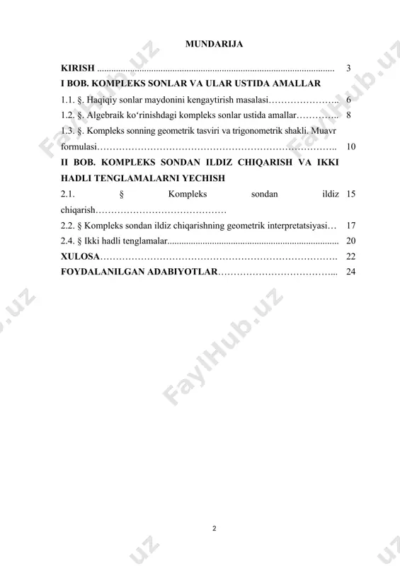 n, algebra, matematik analiz va kompleks analiz bo‘limlarini chuqur o‘qitish hamda amaliy faoliyatda samarali qo‘llash masalalari ustuvor ahamiyat kasb etadi. kompleks sonlar nazariyasi matematikaning eng muhim va universal bo‘limlaridan biridir. u dastlab sof nazariy ahamiyatga ega bo‘lgan bo‘lsa-da, hozirgi davrda texnika, fizika, elektronika, signal va tasvirlarni qayta ishlash, mexanika, aerokosmik texnologiyalar, kvant fizika va hatto iqtisodiyotdagi modellashtirish jarayonlarida keng qo‘llanilmoqda. kompleks sonlar ustida amallar bajarish ko‘plab murakkab masalalarni soddalashtirishga imkon beradi, chunki ular yordamida ikki o‘lchamli kattaliklar (modul va argument) qulay shaklda ifodalanadi. kompleks sondan ildiz chiqarish esa matematikaning ko‘plab bo‘limlarida, jumladan, algebraik tenglamalarni yechishda, murakkab chastota jarayonlarini tahlil qilishda, to‘lqin hodisalarini modellashtirishda, elektr zanjirlaridagi rezonans hodisalarini o‘rganishda hamda fazoviy aylanishlarni hisoblashda bevosita qo‘llanadi. muhandislik, kompyuter grafikasi, kriptografiya, sun’iy intellekt va robototexnika kabi zamonaviy sohalarda ham bu mavzu bo‘yicha chuqur bilimlar talab etiladi. o‘zbekiston respublikasida ta’lim sifatini oshirish bo‘yicha olib borilayotgan chora-tadbirlar, xususan, matematika va uning amaliy yo‘nalishlarini rivojlantirish borasidagi …