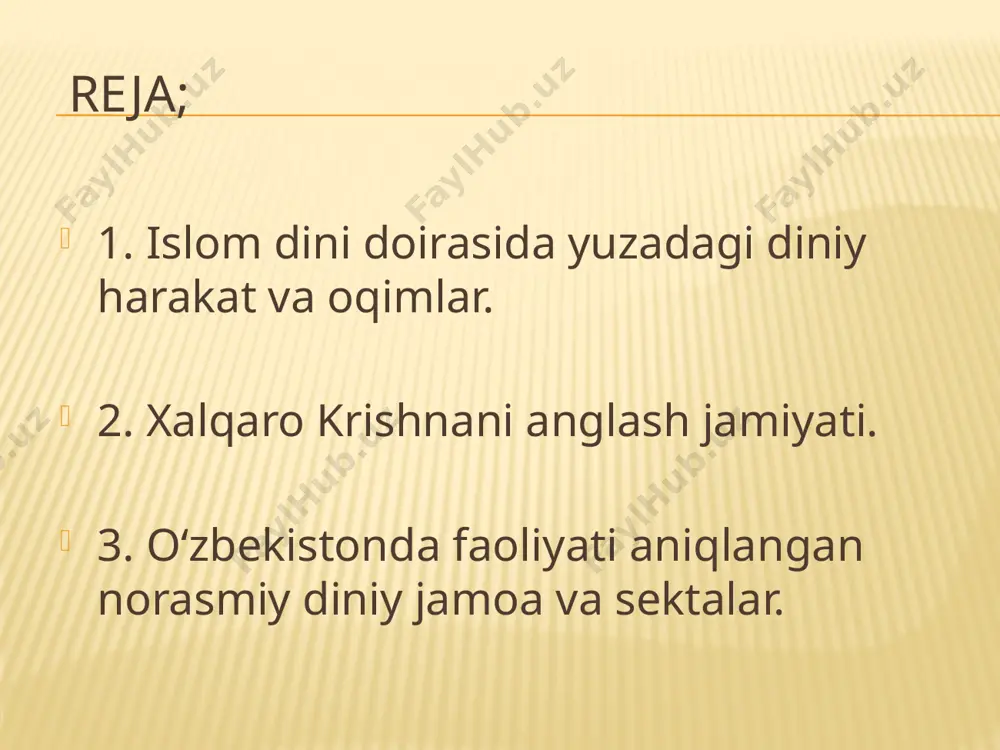 nidan tashkil etilgan. u 1947 yilda "veda" falsafasi bilimdoni sifatida "bxaktivedanta" (sanskr. "sodiqlik", "fidokorona xizmat") unvoniga sazovor bo‘ladi. sanskrit tilidan ingliz tiliga ko‘pgina "veda" matnlari, jumladan, "bxagavadgita" ("xudo qo‘shiqlari")ni sharhlar bilan tarjima qildi. 1959 yilda 63 yoshida dunyodan voz kechishga ahd qiladi va svami ("aql va hissiyotlar egasi") unvoniga erishadi. krishnachilik (vayshnaviylik) odam qiyofasidagi xudo krishna (vishnu)ga e'tiqod qilishga asoslangan hinduiylikning ikki asosiy yo‘nalishlaridan biri hisoblanadi. krishnachilikning muqaddas yozuvlariga "bxagavatgita"dan tashqari boshqa "veda" matnlari ham kiradi. krishnachilik yakkaxudolikka, ya'ni yagona va mutlaq xudo – krishnani tan olishga asoslanadi. 3. o‘zbekistonda faoliyati aniqlangan norasmiy diniy jamoa va sektalar. tarix shuni ko‘rsatadiki, chuqur ijtimoiy-siyosiy o‘zgarishlar boshidan kechirayotgan jamiyatda rivojlanishning “yagona to‘g‘ri yo‘li”ni, agar jamiyatdagi vaziyat salbiy tomonga yo‘nalgan bo‘lsa, “yagona najot yo‘li”ni bilishga da'vo qiluvchi turli diniy jamoalar yoki sektalar vujudga kelishi kuzatiladi. o‘zbekistonda ham 1990-yillarning boshida muayyan darajada xarizma va tashkilotchilik qobiliyatlariga ega, o‘ziga ishonchi yuqori bo‘lgan ayrim “yangi dindorlar” o‘z …