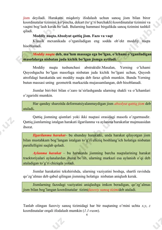 rini qo‘llash imkoniyati yo‘q. bunday hollarda statistik usuldan foydalaniladi, u oddiy ko‘rinishda quyidagichadir: har bir zarracha uchun ularning barchasiga bir xil bo‘lgan ba'zi bir o‘rtacha xossalar olinadi, so‘ngra zarrachalar sonini hisobga olib, umumiy qonunlar chiqariladi. molekulyar - kinetik nazarif, elektron nazariyasi, qattiq jism fizikasi va fizikaning boshqa bo‘limlarida shunday qonunlar chiqariladi. makroskopik nazariyada jismning tuzilishi uzluksizdir va bu shunday jismlar uchun differensial hisoblash formulalarini qo‘llashga imkon beradi, deb hisoblanadi. fizikada cheksiz kichik deb jismning taxminan shunday bo‘lagi olinadiki, bu bo‘lak ayrim molekula yoki atomlar o‘lchamidan kamida 100 baravar katta, shu bilan bir vaqtda, jismning o‘z kattaligiga qaraganda birmuncha kichikdir. klassik (oddiy) mexanika qonunlarining qo‘llanish sohasi chegaralangan. u vakuumdagi yorug‘lik tezligiga (c ga) nisbatan juda kichik tezlikdagi jismlar uchungina to‘g‘ri bo‘lib, bu jismlar massasi ayrim atom va molekulalar massasiga nisbatan kattadir ( m 0 bo’lsa, harakat tekis tezlanuvchan harakatdeyiladi, a = = < u dt d t t t t t …