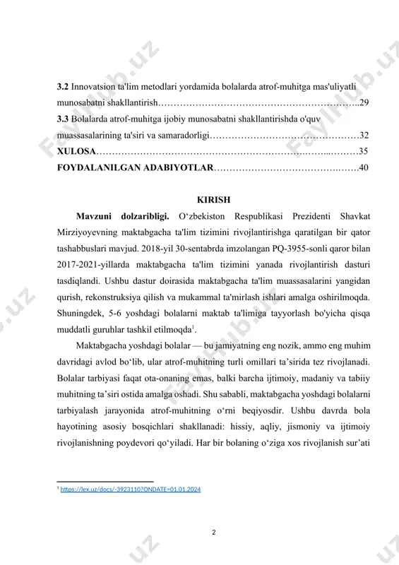a ta'lim muassasalarini yangidan qurish, rekonstruksiya qilish va mukammal ta'mirlash ishlari amalga oshirilmoqda. shuningdek, 5-6 yoshdagi bolalarni maktab ta'limiga tayyorlash bo'yicha qisqa muddatli guruhlar tashkil etilmoqda[footnoteref:1]. [1: https://lex.uz/docs/-3923110?ondate=01.01.2024 ] maktabgacha yoshdagi bolalar — bu jamiyatning eng nozik, ammo eng muhim davridagi avlod bo‘lib, ular atrof-muhitning turli omillari ta’sirida tez rivojlanadi. bolalar tarbiyasi faqat ota-onaning emas, balki barcha ijtimoiy, madaniy va tabiiy muhitning ta’siri ostida amalga oshadi. shu sababli, maktabgacha yoshdagi bolalarni tarbiyalash jarayonida atrof-muhitning o‘rni beqiyosdir. ushbu davrda bola hayotining asosiy bosqichlari shakllanadi: hissiy, aqliy, jismoniy va ijtimoiy rivojlanishning poydevori qo‘yiladi. har bir bolaning o‘ziga xos rivojlanish sur’ati va individual xususiyatlari mavjud bo‘lib, ular atrof-muhitning turli jihatlari bilan chambarchas bog‘liqdir. atrof-muhitning ta’siri, bir tomondan, bolaning fiziologik holati, ikkinchi tomondan esa, uning shaxsiyati, ichki dunyosi va muloqotga qobiliyatiga bevosita ta’sir ko‘rsatadi. maktabgacha yoshdagi bolalar uchun muhit nafaqat o‘yin maydoni va turli ijtimoiy faoliyatlar joyi, balki ular uchun dunyoni tushunish va o‘rganishning …