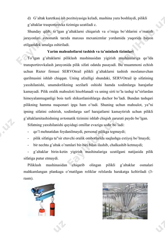 qilishdan iborat. yigirishning afzalligi shundaki, nisbatan kalta tolalardan xossalari bo’yicha talablarga javob beruvchi bir tekis, silliq va nisbatan pishiq ip olinadi. yigirishning kamchiligi unumdorligi katta mashinalarda fizikmexanik xossa ko’rsatkichlari yuqori ip olinmaydi. yuqori sifatli ip unumdorligi past yigirish mashinalarida olinadi. yigirish mashinalarining turlari to’qimachilik tolalarini mexanizatsiyalashgan texnologiyada yigirish 250 yil avval yaratilgan. shundan beri asosan tolalar mexanizatsiyalashgan urchuqda davriy tarzda halqasiz usulda, keyinroq esa halqali usulda yigirilgan. so’ngi 50 yilda urchuqsiz(ochiq uchli) yigirish rivojlanib, ishlab chiqarishda keng joriy etildi. shunga mos ravishda tolalarni yigirish texnika va texnologiyasi har tomonlama o’rganilib kelinmoqda. yigirish jarayoni xususiyatlarini hisobga olib, prof. a.g.sevostyanov (rossiya) yigirish usullari tasnifini ishlab chiqqan va takomillashtirib borgan. shuni ta‟kidlash kerakki, mazkur tasnifda yigirishning barcha usullari, ayniqsa so’nggi paytlarda yaratilgan va horijiy davlatlarda joriy qilingan ayrim usullar kiritilmagan. shunga qaramasdan uni asos qilib, urchuqli yigirish usullari tasnifini qayta ko’rib chiqish va takomillashtirish mumkin (1-rasm). 1-rasm. yigirish usullari tasnifi unga ko’ra ikki …