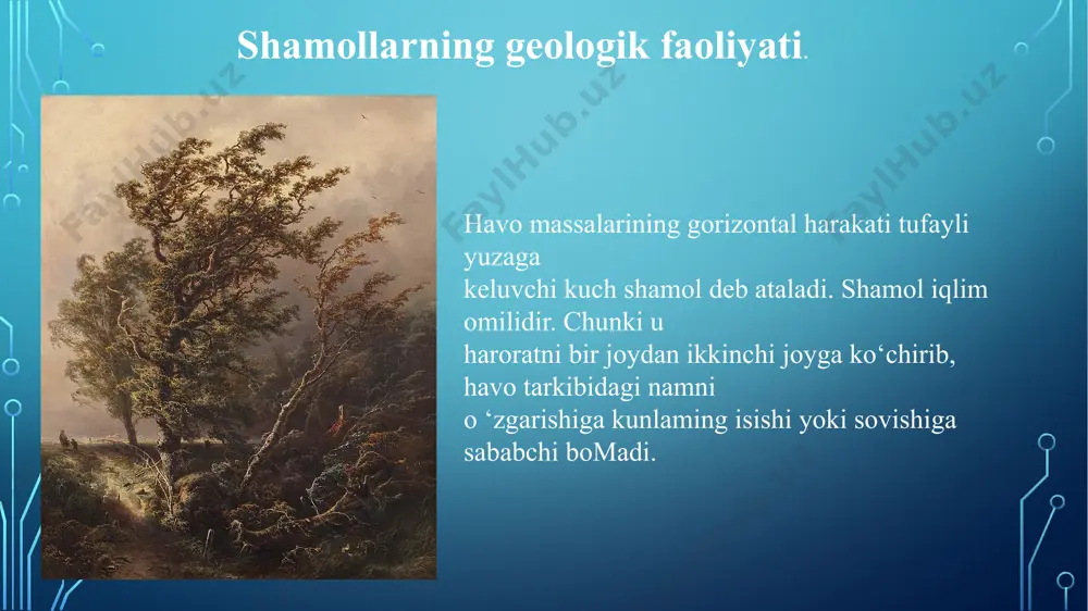 oladi. olib ketiladigan zarrachalar omchami shamolning tezligi bilan chambarchas bogmiqdir. barxan. qumli chomlar bo‘ylab shamol yo'nalishi bo‘yicha yoysimon yoki yarim yoysimon tarzda shakllangan 5-20 m balandlikdagi qum tepalar barxanlar deb ataladi. ulaming shamolga ro‘para tomoni qiya, shamolga teskari yonbagmrlari tik bomadi. barxanlar shamol ta ’sirida yiliga bir necha sm dan, yuzlab metrga qadar ko‘chib yuradi. kuchli shamol esgan davrda bir necha soat mobaynida ham yangi barxan uyumi shakllanishi mumkin. barxanlar asosan qum zarrachalarining biron-bir turgkun predmet (buta, yirik xarsangtosh, butasimon pakana daraxt va h.k.) atrofida to4planishi tufayli yuzaga keladi dyuna (keltcha “duna” - tepalik degan mazmun beradi). dengiz, daryo, kom ba ’zan yirik suv omborlar sohili bo‘ylab to'zima qumlaming shamol ta ’sirida balandligi 10-30 m ba’zan hatto 300 m bomgan tepaliklar hosil qilishi tufayli hosil bomadi. dyunalar ham shamol ta ’sirida yiliga bir necha sm siljib turishi mumkin. dyunalar barxanlardan shamolga ro‘para tomoni uzun va oldidagi tik tomoni do‘mboq bomishi …