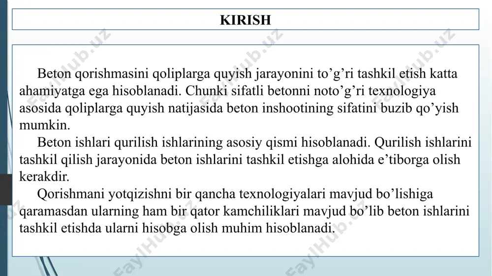 o’llaniladi (ishlab chiqarish binolari, yo’llari, maydonlarda). bu esa traktor yordamida barcha konstruksiya ishlariga ham qo’llab bo’lmasligini anglatadi. beton yotqizishni traktorli texnologiyasi kamchiliklari ushbu usul ko’pincha katta hajmdagi ishlarni bajarishga mo’ljallangani sababli ushbu texnologiyani kichik ishlarga qo’llash katta sarf harajatlarga sabab bo’lishi mumkin. xulosa betonni qoliplarga quyishni to’g’ri tashkil etish orqali beton ishlariga sarflanadigan sarf harajatlar keskin ortib ketishi mumkin. shu sababli traktor yordamida betonni quyish usulini tanlashdan oldin ushbu usulning afzallik va kamchiliklari bilan tanishib chiqish va betonni quyishni tog’ri texnologiyasini tanlash talab etiladi. traktorli usulda betonni qoliplarga quyishni asosan yo’llar holati u darajada yaxshi bo’lmagan joylarga qo’llash katta samardorlikga sabab bo’lishi mumkin. foydalanilgan adabiyotlar www.kpms.ru www.uza.uz www.ziyonet.uz www.youtube.com www.ravchan.ru media1.mp4 image1.png image2.jpg image3.jpg image4.jpg