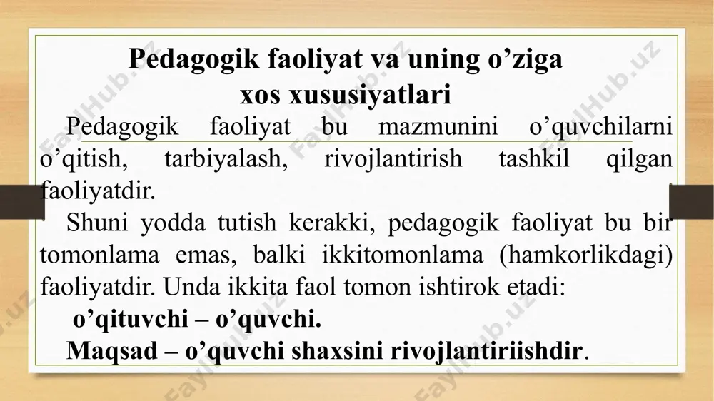 berish; - har bir so‘zning bolalar hissiyotini uyg`otishi darajasida bo‘lishiga erishish zarur. o‘qituvchida pedagogik mahoratni shakllantirishning ilmiy – nazariy asoslari pedagog olim v.a. slastyonin tomonidan ham tadqiq qilingan. u kasbiy – pedagogik tayyorgarlik, o‘qituvchining shaxsi va kasbiy shakllanish yo‘nalishi va bunda pedagogik mahorat to‘g‘risida so‘z yuritib, shunday yozadi: “o‘qituvchi muntazam ravishda peda­gogik nazariyalarga tayansagina, o‘qituvchilik mahoratini egallaydi. chunki, pedagogik amaliyot doimiy ravishda pedagogik nazariyaga murojaat qilishni taqozo etadi. birinchidan, ilmiy nazariyalar – taraqqiyotning umumiy qonuniyatlari, tamoyillari, qoidalarini aks ettiruvchi ilmiy bilimlardir, amaliyot bo‘lsa, doimo aniq vaziyatga asoslanadi. ikkinchidan, pedagogik faoliyat – falsafa, pedagogika, psixologiyaga oid bilimlar sinteziga asoslanuvchi yaxlit jarayondir. bu bilimlar sintezisiz pedagogik amaliyotni maqsadli qurish juda mush­kul”. demak, o‘qituvchidan nafaqat pedagogik mahoratni mukam­mal egallash talab etiladi, balki, pedagogik amaliyotni to‘g‘ri va maq­sadli tashkil qilish uchun chuqur ilmiy – nazariy ma’lumotlarga ham ega bo‘lish lozim. taniqli rus pedagogi k.d.ushinskiy ta’lim-tarbiya jarayonida o‘qituv­chining roli va shaxsiga yuqori baho berib, o‘qituvchi …