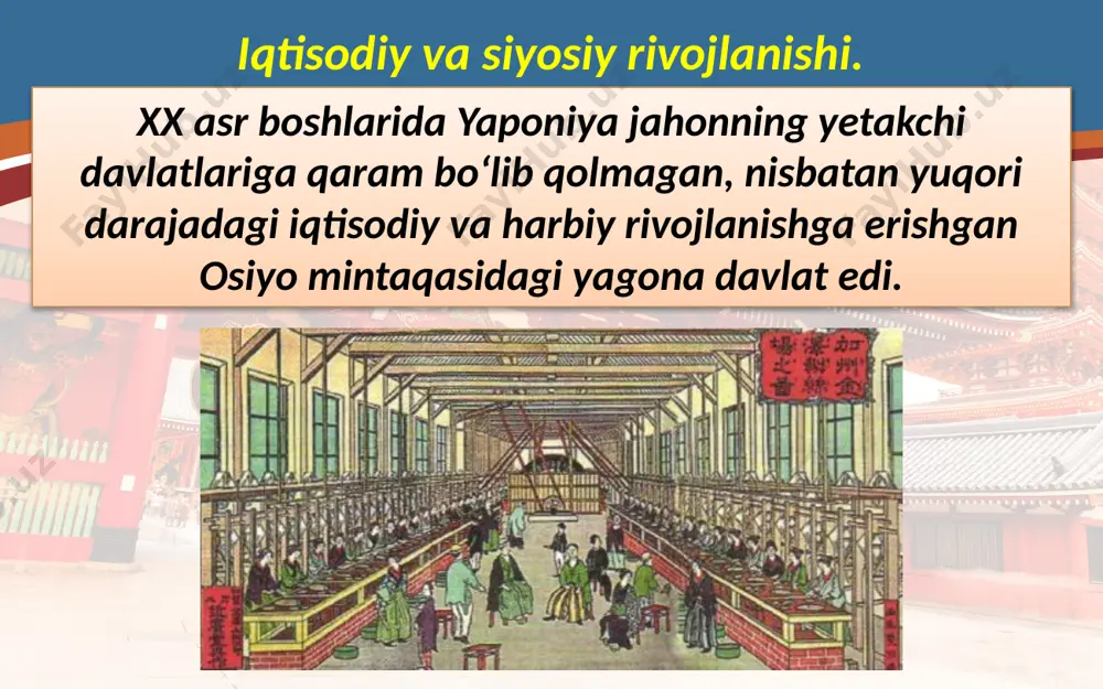 -yili xitoyning manchjuriya provinsiyasining bosib olinishiga va bu yerda yaponlar tomonidan man chjou- go qo‘g‘irchoq davlatining tuzilishiga olib keldi. 1937-yil yozida yaponlar xitoyga qarshi keng miqyosdagi urush harakatlarini boshlab yubordi. fumimaro konoe 1938-yili general fumimaro konoe hukumati mamlakatning vazifasi sharqiy osiyoda yangi tartib o‘rnatish ekanligini e’lon qildi. 1938-yil iyul – avgust oylarida sssrning uzoq sharqdagi hasan ko‘li atrofida sovet-yapon chegara mojarosi keng ko‘lamli urush harakatlariga aylanib ketdi. shiddatli janglardan so‘ng yaponlar sssr hududidan quvib chiqarildi. 1939-yil mayda yaponlar xalxin-gol daryosi yonida mo‘g‘uliston hududiga bostirib kirdi. sovet qo‘shinlari qo‘shni mo‘g‘ullarga yordamga keldi. 1939-yil sentabrgacha davom etgan urush miqyosi bo‘yicha hasan ko‘li atrofidagi janglardan ancha yirik edi. bu urush ham yaponlarning mag‘lubiyati bilan tugadi. shundan so‘ng, 1941-yil 5-aprelda yaponiya sssr bilan neytralitet haqida paktni imzoladi. savol va topshiriqlar 1. birinchi jahon urushi yaponiya uchun qanday natijalar bilan yakunlandi? 2. yaponiyadagi «yosh ofitserlar» isyoni siyosiy rejim va tashqi siyosatda qanday o‘zgarishlarga olib keldi? …
