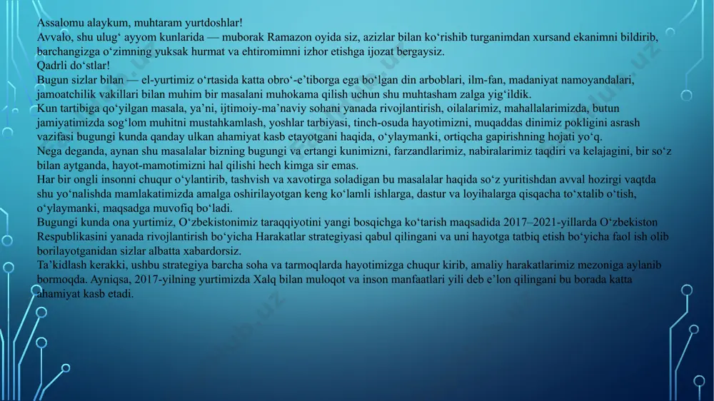 millat va elat vakillari bir oila farzandlaridek ahil va inoq yashamoqda. bu borada, hech shubhasiz, xalqimizga azaldan xos bo‘lgan bag‘rikenglik an’analari muhim rol o‘ynamoqda. ana shu haqiqatning tarixiy tasdig‘i sifatida bir misol keltirmoqchiman. samarqand shahrida sohibqiron amir temur davrida bunyod etilgan, doniyor payg‘ambar nomi bilan ataladigan maqbara islom, xristian va yahudiylik dini vakillari tomonidan birdek e’zozlanadi. turli madaniyatga mansub aholi vakillari o‘zaro ahil-inoq yashab kelayotgan o‘zbekistonda milliy va diniy bag‘rikenglik hukm surmoqda. bag‘rikenglik turli millat va elatga daxldor kishilarning, turli xil diniy e’tiqodli insonlarning bir zamin, yagona vatan, bir yurtda, bir hududda oliyjanob g‘oya, orzu-umid, maqsad va niyatlar yo‘lida hamkor, hamfikr va hamjihat bo‘lib yashashni anglatadi. o‘zbekiston respublikasi prezidenti sh.mirziyoyev xalqimizning dunyoqarashida tobora chuqur va mustahkam o‘rin egallayotgan bag‘rikenglik tamoyili to‘g‘risida shunday deydi: “bizning qadimiy va saxovatli zaminimizda ko‘p asrlar davomida turli millat va elat, madaniyat va din vakillari tinch-totuv yashab kelgan. mehmondo‘stlik, ezgulik, qalb saxovati va tom ma’nodagi bag‘rikenglik …