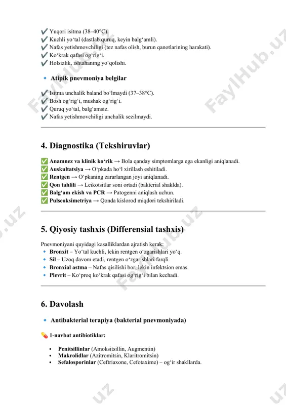‘pkada ho‘l xirillash eshitiladi. ✅ rentgen → o‘pkaning zararlangan joyi aniqlanadi. ✅ qon tahlili → leikotsitlar soni ortadi (bakterial shaklda). ✅ balg‘am ekish va pcr → patogenni aniqlash uchun. ✅ pulseoksimetriya → qonda kislorod miqdori tekshiriladi. 5. qiyosiy tashxis (differensial tashxis) pnevmoniyani quyidagi kasalliklardan ajratish kerak: 🔹 bronxit – yo‘tal kuchli, lekin rentgen o‘zgarishlari yo‘q. 🔹 sil – uzoq davom etadi, rentgen o‘zgarishlari farqli. 🔹 bronxial astma – nafas qisilishi bor, lekin infektsion emas. 🔹 plevrit – ko‘proq ko‘krak qafasi og‘rig‘i bilan kechadi. 6. davolash 🔹 antibakterial terapiya (bakterial pnevmoniyada) 💊 1-navbat antibiotiklar: · penitsillinlar (amoksitsillin, augmentin) · makrolidlar (azitromitsin, klaritromitsin) · sefalosporinlar (ceftriaxone, cefotaxime) – og‘ir shakllarda. 💊 atipik pnevmoniyada – makrolidlar (azitromitsin). 🔹 simptomatik davolash · isitma tushiruvchi: paratsetamol, ibuprofen. · mukolitiklar (balg‘am ko‘chiruvchi dori): ambroksol, acc. · bronxodilatatorlar (nafasni yengillashtirish uchun): salbutamol, berodual. · kislorod terapiyasi → nafas yetishmovchiligida. 7. profilaktika (oldini olish) ✅ pnevmoniyaga qarshi emlash …