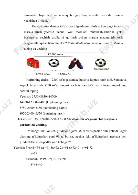 ga yaqinlashish tezligi 3). 150:30=5(soat) 2-usul. elektr poyezd yuk poyezdiga yetib olguncha x soat, yuk poyezdi esa undan 3 soat oldin yo’lga chiqqan, ya’ni x+3 soat yo’l yurgan. (x+3)·50=x·80 50x+150=80x 80x-50x=150 30x=150 x=150:30 x=5 10 javob: elektr poyezd yuk poyezdiga 5 soatdan so’ng yetib oladi. 3-masala bir kishi bozorga bir savat olma olib keldi. u 1-xaridorga jami olmalarining yarmini va yana 1 dona olma, 2-xaridorga qolgan olmalarining yarmini va yana 1 dona olma sotdi. shundan so’ng uning savatida 14 dona olma qoldi. kishi bozorga jami nechta olma olib kelgan? yechish: 1-usul. 1). (14+1) ·2=30(ta) 1-xaridor olgandan keyin savatdagi olmalar 2). (30+1) ·2=62(ta) jami olmalar 2-usul. (x:2-1):2-1=14 (x:2-1):2=14+1 (x:2-1):2=15 x:2-1=15·2 x:2-1=30 x:2=30+1 x:2=31 x=31·2 x=62 javob: kishi bozorga 62 ta olma olib kelgan. ixtisoslashgan sinflarda darsda va darsdan tashqari mashg’ulotlarda masalalar yechish metodikasi bir sinf o’quvchilari mustaqil fikrlashining shakllanish darajasi uch bosqichga bo’linadi: 1. olingan bilimlarni tavsiya qilingan masalalarni yechishga qo’llay …
