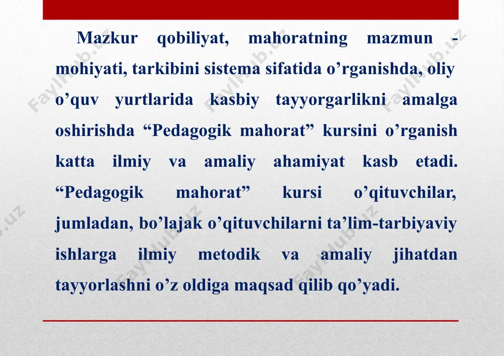 g umumiy tayyorgarlik darajasini, ya’ni shaxsning pedagogik imkoniyatlarini aks ettiradi. pedagogning nutqi tartibsiz, qashshoq bo’lsa, o’zi jizzaki bo’lsa, didi past, madaniyatsiz bo’lsa, eng topib gapirgan to’g’ri so’zi ham tarbiyalanuvchilarga ta’sir etmaydi, balki teskari natijaga olib kelishi mumkin. shuning uchun ham, tarbiyachi avvalo o’zi tarbiyalangan, o’tirib-turish, suhbatlashish madaniyatini qon-qoniga singdirgan bo’lishi lozim. har yigitning aslin bilay desangiz ma’rakada o’tirib-turishin ko’ring. (maxtumquli) 4. o’qituvchining shaxsiy intilishi, munosabati pedagogik mahorat tarkibiy qismlari orasida muhim o’rinni egallaydi. uning bunday shaxsiy munosabati unda tegishli bir qolipdagi fikrlar sistemasi mavjudligi bilan izohlanadi, shu tufayli u ko’p hollarda deyarli avtomatik ravishda ta’sirlarga javob bera oladi. chunonchi, o’quvchilar bilan albatta xushmuomalada bo’lish, dilkashlik o’quvchi shaxsiga prinsipial yondashishning yuqori darajada bo’lishi, o’zining birorta ham o’quvchisi yomon emasligi, buning ustiga ishonchsiz bo’lishi mumkin emasligiga ishonch kabilar. lekin bunday bir qolipdagi fikrlar salbiy rol o’ynashi ham mumkin. masalan, hamkasbi o’quvchilar bilan haqiqatda noto’g’ri munosabatda bo’lganda unga qarshi turish o’rniga, uni himoya …