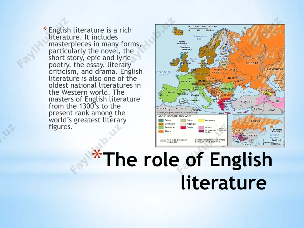 eason or enlightenment). 6. the romantic age. 7. the victorian age. 8. english literature at the end of the 19th and the beginning of the 20th century. 9. english literature in the twentieth century. the role of english literature each of these periods is a step in the development of the english literature, and each of these periods gave the world genuine works with their own voice and individuality. the role of english literature old english literature (500-1100) for the first eleven hundred years of its recorded history, the island of britain suffered a series of invasions. the southern part of the island, warmed by the waters of the gulf stream, was inviting to outsiders with its mild climate and rich soil. each invasion brought bloodshed and sorrow, but each also brought a new people with a new culture and these different peoples created a nation. the role of english …