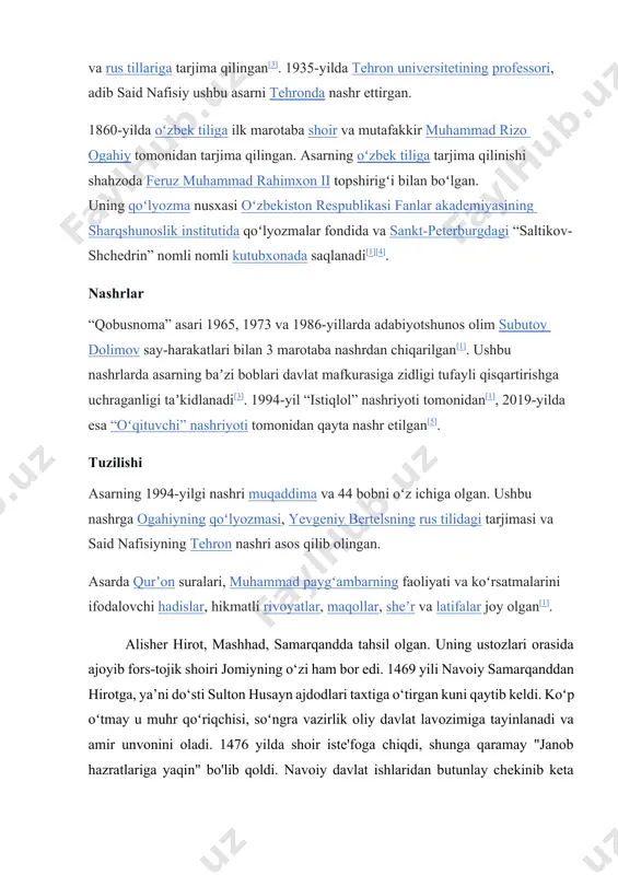 rning, har qanday mamlakatning butun turklar faqat men tomonidan zabt etildi ... qaerda turk bo'lsa, turkiy so'zlar bayrog'i ostida u har doim ko'ngilli bo'lishga tayyor. va bu qayg'u va ajralish hikoyasi, tasvir: alisher navoiyning muhammad muzohib miniatyurasi portreti (xv asr) ma’naviy ehtiroslar va yuksak azoblarga qaramay, turkiy tilda yo‘lga chiqdim. (l. penkovskiy tarjimasi) xuddi shu fikrni u o‘zining “ikki til bahsi” (1499) nomli ajoyib risolasida nasrida shunday ifodalagan: “turkiy tilning boyligi ko‘p faktlar bilan isbotlangan. xalq orasidan yetishib chiqqan iste’dodli shoirlar o‘z imkoniyatlarini forsiyda namoyon etmasligi kerak. agar ular har ikki tilda ham she’r yarata olsalar, o‘zlari ham ko‘proq she’r yozishga loyiqdir”. va yana: “menimcha, men turkiy xalqning munosib xalqi oldida buyuk bir haqiqatni tasdiqladim va ular o‘z so‘z va ifodalarining asl qudratini, tili va so‘zining go‘zal fazilatlarini anglab, forsiyda she’r yaratuvchilarning o‘z tili va nutqiga nisbatan kamsituvchi hujumlaridan xalos bo‘ldilar”. alisher navoiyning butun she’riy faoliyati ona tili va adabiyotini …