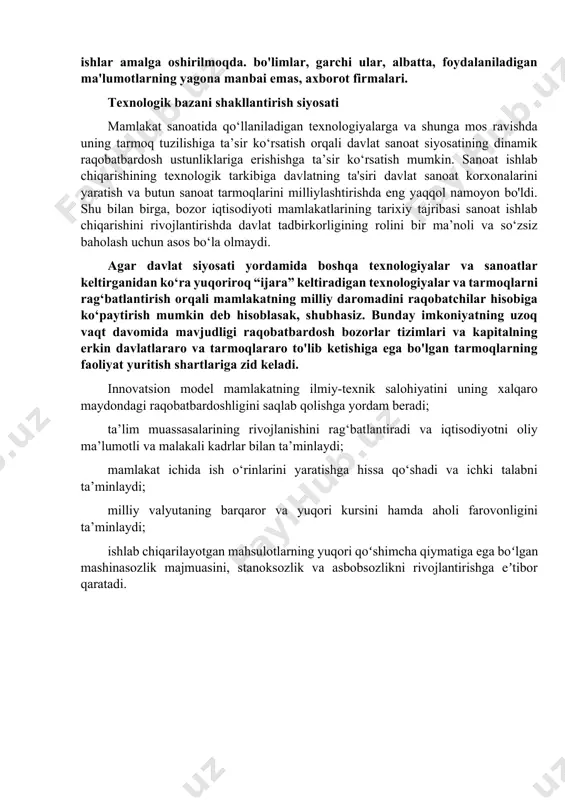 o'lgan tarmoqlarning faoliyat yuritish shartlariga zid keladi. innovatsion model mamlakatning ilmiy-texnik salohiyatini uning xalqaro maydondagi raqobatbardoshligini saqlab qolishga yordam beradi; ta’lim muassasalarining rivojlanishini rag‘batlantiradi va iqtisodiyotni oliy ma’lumotli va malakali kadrlar bilan ta’minlaydi; mamlakat ichida ish o‘rinlarini yaratishga hissa qo‘shadi va ichki talabni ta’minlaydi; milliy valyutaning barqaror va yuqori kursini hamda aholi farovonligini ta’minlaydi; ishlab chiqarilayotgan mahsulotlarning yuqori qoʻshimcha qiymatiga ega boʻlgan mashinasozlik majmuasini, stanoksozlik va asbobsozlikni rivojlantirishga eʼtibor qaratadi. 51. monopoliyaning samaradorlikka erishish uchun tashkil qilinadigan turi keltirilgan javobni koʻrsating a) tabiiy monopoliya b) huquqiy monopoliya c) iqtisodiy monopoliya d) sun’iy monopoliya 52. monopoliyaning innovatsiyalarni ragʻbatlantirish uchun tashkil qilinadigan turi keltirilgan javobni koʻrsating a) tabiiy monopoliya b) huquqiy monopoliya c) iqtisodiy monopoliya d) sun’iy monopoliya 53. monopoliyaning ishlab chiqarishni optimizatsiyalash orqali tashkil qilinadigan turi keltirilgan javobni koʻrsating a) tabiiy monopoliya b) huquqiy monopoliya c) iqtisodiy monopoliya d) sun’iy monopoliya 54. monopoliyaning lobbizm orqali tashkil qilinadigan turi keltirilgan javobni koʻrsating …