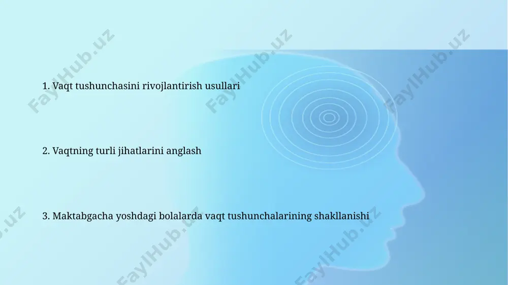 i va 4 fasl kabi tushunchalarni ham kiritish muhimdir. bolalarga vaqtning o'tishi haqida tushuncha berish uchun kundalik hayotdagi takroriy jarayonlar, masalan, 5 minutlik o'yinlar, 10 minutlik rasmlar chizish yoki 15 minutlik ertak o'qish kabi faoliyatlarni amalga oshirish mumkin. taqvim va soat bilan tanishtirish soatni o'qishni o'rgatishda analog soatdan boshlash va soat qo'llarining 12 soatlik harakatini, 30 minutlik intervalni bolaga tushuntirish, keyinchalik raqamli soatga o'tish maqsadga muvofiqdir. bolalarga soatning soat va minut qo'llari, ularning harakatining 12 soatlik tsikli orqali vaqt o'tishi haqidagi tushunchalarini shakllantirishda taqvim va soatni o'yinchoqlar va amaliy mashg'ulotlar orqali bosqichma-bosqich tanishtirish muhimdir. o'yinlar va mashg'ulotlar orqali vaqtni o'rgatish vaqt ketma-ketligini tushuntirish uchun, masalan, "avval nonushta qilamiz, keyin bog'chaga boramiz" kabi 2-3 bosqichli oddiy voqealarni tasvirlaydigan 6 ta rasmli ketma-ketliklardan foydalanish samarali bo'ladi. soatning soat va minut qo'llarini, shuningdek, 12 soatlik tizimni tushuntirish uchun soatning kattalashtirilgan modeli va 10 ta raqamli kartalardan foydalanib, 30 daqiqalik intervalli mashqlar o'tkazish foydali. …
