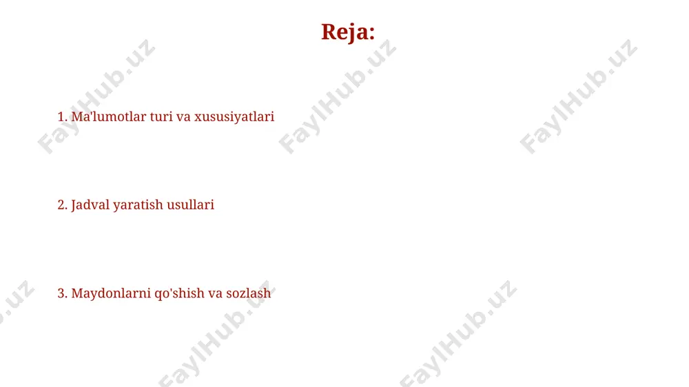 ma'lumotlar bazasini yaratishda juda foydali. ma'lumotlarni qo'lda, jadval oynasidagi ustunlarga to'g'ridan-to'g'ri yozib, bittadan kiritsangiz bo'ladi, bu 10-20 ta qator uchun qulay, lekin ko'p ma'lumotlar uchun samarasiz. maydonlarni qo'shish va ularning xususiyatlarini belgilash indekslarni qo'shish orqali ma'lumotlarni tezroq qidirish va saralash jarayonini 10 baravar tezlashtirish mumkin, bu esa katta hajmli ma'lumotlar bilan ishlashda samaradorlikni oshiradi. maydonlarni qo'shishda ma'lumotlar turi (matn, raqam, sana va boshqalar)ni tanlash, ularning uzunligi (masalan, 255 ta belgidan oshmasligi) va formatlash imkoniyatlarini hisobga olish muhim. ma'lumotlarning to'g'riligi tekshiruvi "sana" turi ustunlarida, ma'lumotlarning to'g'riligiga ishonch hosil qilish uchun 1900 yildan keyingi sanalarni kiritish sharti qo'yish orqali mantiqiy tekshiruvlar amalga oshirish mumkin. "talaba" jadvalidagi "baholash" ustuniga faqat 0 dan 5 gacha bo'lgan raqamlarni kiritishga ruxsat beruvchi qoida qo'yish, ma'lumotlar bazasining to'g'riligini ta'minlashning muhim jihatidir. jadvalni loyihalash ko'rinishi jadvalni loyihalash koʻrinishi sizga 255 ta belgidan iborat boʻlgan birlamchi kalit (primary key) maydonini yaratishga imkon beradi, bu esa maʼlumotlarning yaxlitligini taʼminlashda muhim …