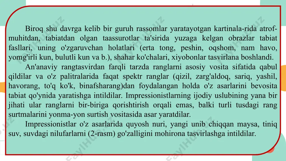 rtig'ali qozoqov, dilyus mirsalimovlarning ijodida impres­sionizm elementlarini ko'rish mumkrn. impressionizm jahon tasviriy san'ati tarixida yangi davr san'atining turli oqim va yo'nalishlari boshlanishiga yo'l ochib berdi. impressionizmdan keyin urf bo'lgan oqimlardan biri postimressionizm deb atalib, uning vakillari impressionistlarning tas­viriy usullaridan ilhomlanib, realistik tasviriy san'at qonuniyatlaridan oqilona foydalangan holda asosiy e'tiborni asarlarning falsafiy va ramziy ma'nosini ochib berishga intildilar 5-rasm. yanis salpinkidi. milliy matolar fonidagi guldasta rassomlar va tasviriy san'at ixlos-mandlari orasida alohida qiziqish uyg'otgan oqimlardan biri ishlanish uslubiga ko'ra puantilizm deb ataluvchi neoimpressionizm oqimi bo'ldi. bu oqimning asoschilari jorj sera, pol sinyak bo'lib, ular o'z asarlarini sof, toza spektr ranglar, ya'ni kamalakning yetti rangidan foydalanib, rang surtmalarini yonma-yon qo'yib rasm ishlash uslubini kashf etdilar. 6-rasm. dilyus mirsalimov. daraxt. ular qo'llagan rang surtmalari to'rtburchak va yumaloq shaklda bo'iganligi uchun ulaming ish uslublarini puantilistik uslub deb atadilar (puantilizm - fransuzcha "puantillisme" — nuqtalar bilan ishlash). o'zbekistonlik rassom dilyus mirsalimovning "da­raxt" nomli rangtasvir asari …