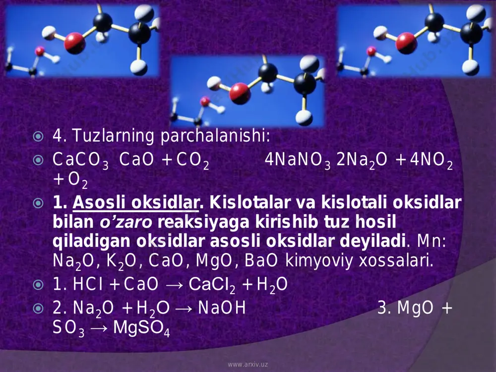 ir(iii)-gidroksidi www.arxiv.uz  asoslarning olinishi:  aktiv metallarni h2o bilan ta`siri:  2na + 2h2o = 2naoh + h2↑; 2k + 2h2o = 2koh + h2↑  asosli oksidlarga н2о ta’siri :  na2o + h2o = 2naoh; cao + h2o = ca(oh)2  suvda yomon eriydigan asoslarning olish uchun ularni tuzlariga ishqorlar ta`sir etiriladi:  cuci2 + 2naoh = cu(oh)2↓+ 2naci; feci2 + 2koh = fe(oh)2↓ + 2kci  4. tuz eritmalarini elektroliz qilish bilan ham asos hosil qilish mumkin (ishqor)lar olinadi, masalan:  naci + h2o na+ + h2↑ + ci2↑ + oh-  h2o = h+ + oh-  naci = na+ + ci-  2ci- - 2 e → ci2 - anod  2h+ + 2 e → h2 - katod  eritmada: na+ + oh- = naoh www.arxiv.uz  asoslarning xossalari:  1. asoslarning kislotalar bilan reaksiyasi:naoh + hci = naci + h2o  2. …