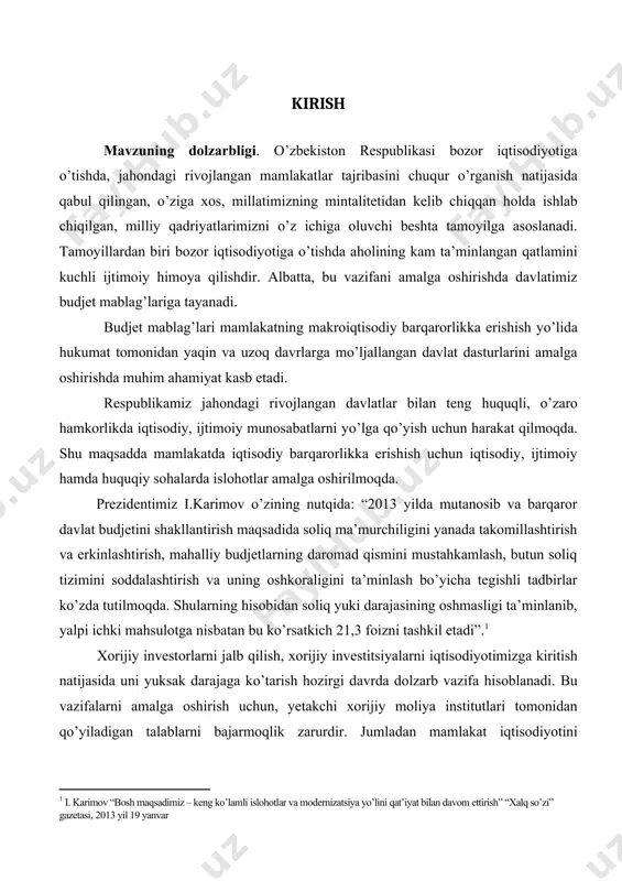 a moliyaviy barqarorlikni mustahkamlashni ham budjet tizimining vazifasi qilib qo’ydi. o’zbekiston respublikasining hozirgi bozor iqtisodiyoti aralash iqtisodiy tizim bo’lib, unda bozor mexanizmi davlatning xo’jalik jarayonlarini tartibga solishi bilan o’zaro hamkorlik qiladi. bozor munosabatlari sharoitida amalga oshirilayotgan iqtisodiy o’zgarishlarni ta’minlashdagi jarayonlar, jumladan, budjet ijrosi, uni bajarilishini qa’tiy ta’minlashda budjetdan birinchi darajali ustuvor ijtimoiy xarajatlarni moliyalash va undan maqsadli, samarali foydalanishda budjet intizomini mustahkamlash borasida olib borilayotgan ishlar bilan bir qatorda yechimini kutayotgan muammolar ham mavjud. mahalliy budjetlar o’zbekiston respublikasi davlat budjetida muhim tarkibiy qismini tashkil etadi va mahalliy hokimiyatlarning faoliyat ko’rsatishlarida moliyaviy manba bo’lib hisoblanadi. o’zbekiston respublikasi oliy majlisining 2000 yil 14 dekabrdagi “budjet tizimi to’g’risida”gi qonunida “mahalliy budjet - davlat budjetining tegishli viloyat, tuman, shahar pul mablag’lari jamg’armasini tashkil etuvchi bir qismi bo’lib, unda daromadlar manbalari va ulardan tushumlar miqdori, shuningdek, moliya yili mobaynida aniq maqsadlar uchun ajratiladigan mablag’lar sarfi yo’nalishlari va miqdori ko’zda tutilishi ko’rsatilgan. mahalliy budjetlar tizimi mahalliy …