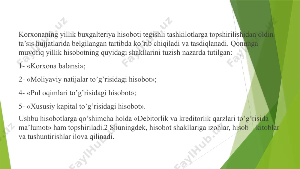 lash evaziga qayd etilgan narxda sotib olish yoki sotish huquqi. moliyaviy faoliyat – bu shunday faoliyat turiki, uning natijasida korxonaning xususiy kapitali va qarzlari hajmi va tuzilishida o’zgarish hosil bo’ladi. xususiy kapital to’g’risidagi hisobotni tuzish xususiy kapital to’g’risidagi hisobot joriy buxgalteriya ma’lumotlariga asosan tuzilib, unda tashqi va ichki foydalanuvchilar uchun muhim ko’rsatkichlar mavjud. xususiy kapital to’g’risidagi hisobot ma’lumotlariga asosan korxonaning bozor faolligi ko’rsatkichlarini tahlil qilish mumkin. bu ko’rsatkichlar kompaniyaning aksiyalarini qiymati va daromadliligini ta’riflaydi. xulosa qilib aytganda moliyaviy hisobot –xo’jalik yurituvchi subektlar tomonidan mahsulotlarini sotish, bajarilgan ish va ko’rsatilgan xizmatlar natijalari to’g’risidagi ma’lumotlar majmui bo’lib, moliyaviy-xo’jalik faoliyatining holatini ma’lum davr (chorak, yillik) ga qiymat ko’rinishida aks etirishdir. shuningdek, ushbu hisobotni tuzish tamoyillarini, uni taqdim etish tartibi to’g’risida nazariy hamda amaliy ko’nikmalarini shakllantirish boyicha tavsiyalar berilgan. e’tiboringiz uchun rahmat! image1.jpeg /docprops/thumbnail.jpeg