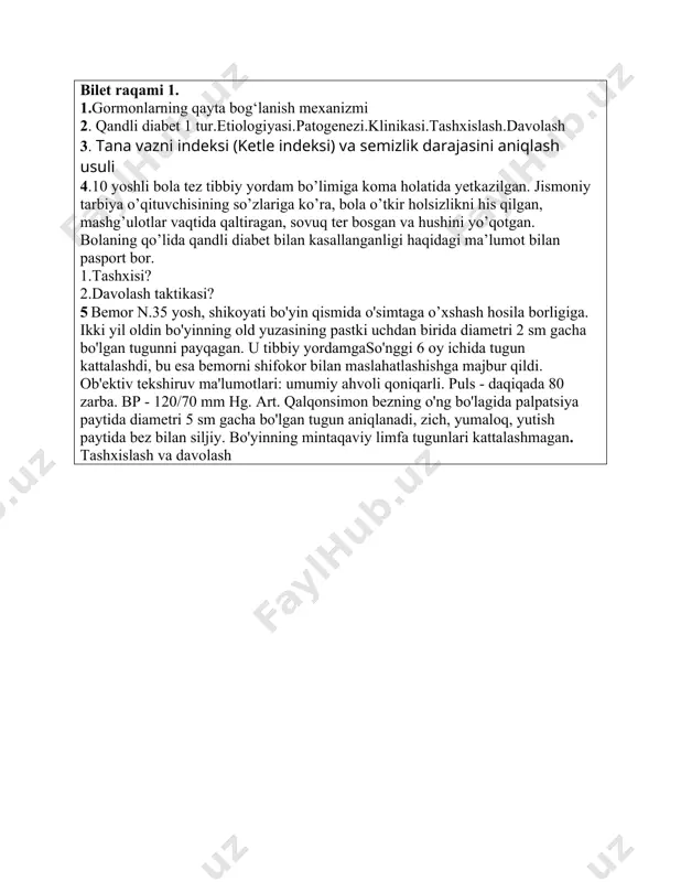 kshirilganda proliferativ bo'lmagan retinopatiya aniqlangan. 1. klinik tashxisni shakllantirish va asoslash. 2. davolash taktikasini aniqlang 5. 36 yoshli bemor yig’loqilikka,yurak tez urushiga,ishtahasi yaxshi bo’lsa ham ozib ketishga,asabiylikka,qo’llar titrashiga,kaftlar terlashiga shikoyat qilib keldi.p120 ta,ab 140/60.mebius,grefe,koxer simptomlari musbat.obyektiv ko’ruvda qalqonsimon bez hajmi kattalashgan. teshiruv rejasi,tashxis va davolash bilet raqami 5. 1.insulinoterapiya.dozalash prinsiplari 2. gestatsion qandli diabet.etiologiyasi.patogenezi.klinikasi.tashxislash va davolash 3.bel aylanasi /sonlar aylanasi (ba/sa) koeffitsientini aniqlash 4. bemor s., 25 yosh, bosh og'rig'i, holsizlik, charchoq, terlash, tashqi ko'rinishdagi o'zgarishlar (burunning kattalashishi, lablarning qalinlashishi), ovozning qo'pollashishi, oyoq-qo'llarning kattalashishi, barmoqlarning uyquchanligi, bo'g'imlarda og'riq. belgilangan simptomlar so'nggi uch yil ichida paydo bo'ldi. ob'ektiv: umumiy ahvoli qoniqarli. balandligi - 177 sm, vazni 70 kg. yuz xususiyatlari katta, diastema mavjudligi, prognatizm qayd etilgan. teri normal rang, nam, yuzida, orqasida bir nechta akne vulgaris. o'pkada vezikulyar nafas, yurak urishi - 72 marta. 1 daqiqada, ab - 180/100 mm hg. 1.tashxislash va davolash 5. 39 yoshli bemor uash ga xolsizlikdan …