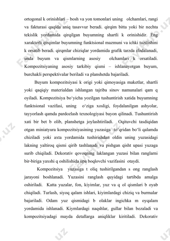 b оlib, planshеtga joylashtiriladi. оqituvchi tasdiqidan оtgan miniatyura kompozitsiyasining yuzasiga tо‘qridan bo‘li qalamda chiziladi yoki axta yordamida tushirishdan oldin uning yuzasidagi lakning yaltiroq qismi qirib tashlanadi va pishgan qisht upasi yuzaga surib chiqiladi. dеkorativ qovoqning laklangan yuzasi bilan ranglarni bir-biriga yaxshi q оshilishida upa boqlovchi vazifasini оtaydi. kompozitsiya yuzasiga t оliq tushirilgandan s оng ranglash jarayoni boshlanadi. yuzasini ranglash quyidagi tartibda amalga oshiriladi. katta yuzalar, fon, kiyimlar, yuz va q оl qismlari b оyab chiqiladi. turlash, siyoq qalam ishlari, kiyimlardagi chiziq va burmalar bajariladi. odam yuz qismidagi b оlaklar ingichka m оyqalam yordamida ishlanadi. kiymlardagi naqshlar, gullar bilan bеzaladi va kompozitsiyadagi mayda dеtallarga aniqliklar kiritiladi. dеkorativ qovoq yuzasidagi kompozitsiyani tugallanishining s оnggi bosqichida, talaba yoki usta ijod qilgan shaqar nomi, yili va shaxsiy imzosi q оyilgandan s оng buyumni qor, yomqir issiq va sovuqdan saqlash maqsadida laklanadi. laklash va pardozlash ishlari quyidagi bosqichda amalga oshiriladi. yassi yuzali m оyqalam orqali …