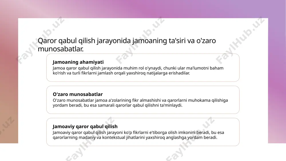 narli tahlil raqobatchilar va iste'molchilar ehtiyojlarini aniqlashga yordam beradi. 4 innovatsion yondashuv innovatsion yondashuvlar boshqaruv strategiyalarini yangilash va takomillashtirishda muhim ahamiyatga ega. bular raqobatbardoshlikni oshiradi va o'sishni ta'minlaydi. qarorlarni qabul qilishda innovatsion yondashuvlar. 1 innovatsion texnologiyalar innovatsion texnologiyalar boshqaruv qarorlarini qabul qilish jarayonida ma'lumotni tez va samarali tahlil qilish imkonini beradi, bu esa vaqtni tejashga yordam beradi. 2 ma'lumotlar tahlili katta ma'lumotlar (big data) va analitika yondashuvlari qaror qabul qilishda muhim rol o'ynaydi, chunki ular aniq va asoslangan qarorlarni qabul qilish imkonini beradi. 3 jamoaviy yondashuv jamoaviy fikrlash va brainstorming metodikalarini qo'llash innovatsion qarorlar yaratishda muhimdir, bu esa jamoaning kreativligini oshiradi va birgalikda yechimlar topishga yordam beradi. xulosa qaror qabul qilish jarayoni madaniyat va kontekst innovatsion yondashuvlar boshqaruv qarorlarini qabul qilish jarayoni murakkab bosqichlardan iborat. har bir bosqich o'zaro bog'liq bo'lib, talab etiladigan strategiyalar va innovatsiyalarni o'z ichiga oladi. madaniy moslik va kontekstual tahlil qaror qabul qilish jarayonida muhim ahamiyatga …