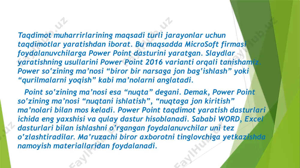 lash uchun foydalanilganda, ularni muntazam ravishda ochish faylni tahrirlashga ruxsat bermaydi. o'zgarishlarni amalga oshirish uchun siz pps faylini bo'sh powerpoint oynasiga sudrab yoki ochishingiz yoki oldin powerpoint dasturini ochishingiz va keyin pps faylini dastur ichidan ko'rib chiqishingiz kerak. .pot kengaytmali fayllar powerpoint 97-2003 versiyalarida yaratilgan microsoft powerpoint shablon fayllarini ifodalaydi. microsoft powerpoint-ning ushbu versiyalari bilan yaratilgan fayllar powerpoint-ning yuqori versiyalari yordamida office openxml fayl formatlarida yaratilganlarga nisbatan ikkilik formatda. shunday qilib, yaratilgan fayllar yangi fayllarga qo'llanilishi kerak bo'lgan bir xil tartib va ​​boshqa sozlamalarga ega bo'lgan taqdimotlarni yaratish uchun ishlatilishi mumkin. ushbu sozlamalar uslublar, fon rasmlari, ranglar palitrasi, shriftlar va standart sozlamalarni o'z ichiga olishi mumkin. bunday fayllar rasmiy foydalanish uchun tayyor shablon fayllarini yaratish maqsadida yaratiladi. e’tiboringiz uchun tashakkur!!! image1.jpeg image2.jpeg /docprops/thumbnail.jpeg