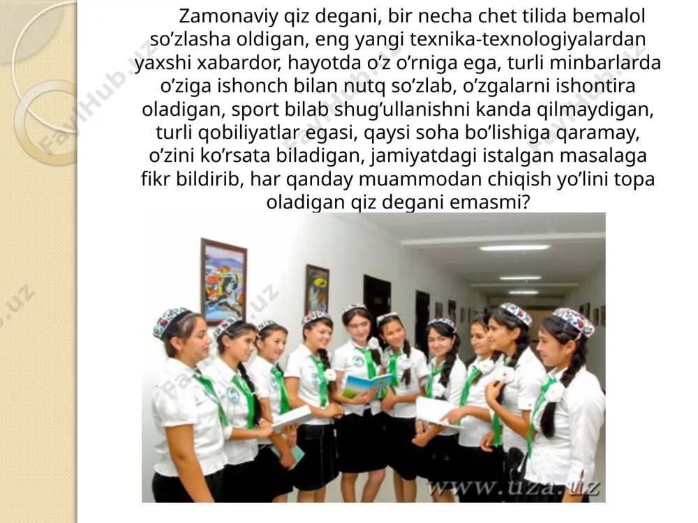 espublikasi mustaqilligining yigirma yilligi munosabati bilan fa’n, ta’lim, sog’liqni saqlash, adabiyot, madaniyat, san’at, ma’naviyat va ma’rifat, ommaviyaxborot vositalari hamda ijtimoiy sohalar xodimlarining bir guruhi mukofotlandi. taqdirlanganlarning orasida sharq ayollari timsolida o’z mehnati natijasi o’laroq yuksaklarga ko’tarib oliy unvonlar bilan mukofotlandilar.birgina misol, yorqin iste’dodi va ijodi, ilmiy faoliyati, halol xizmati,yoshlarni sog’lom va barkamol etib tarbiyalashda o’z hissasini qo’shgan abulqosimova zuhra pirnazarovna “sog’lom avlod uchun” ordeni bilan tantanali ravishda taqdirlandilar. o’zbekiston respublikasi prezidenti i.a.karimov tomonidan 2012-yil “mustahkam oila yili” deb nomlanishi ham bejiz emas. zero, oila-kichik jamiyatdir.shunday ekan, mana shu jamiyatda istiqomat qilayotgan fuqarolarning har tomonlama yеtuk inson bo`lmog`i, unda voyaga еtayotgan yosh avlodni kеlajakka munosib tarzda tarbiyalash muhimdir. bunda esa o’zbek ayolining roli beqiyosdir. . bugungi kun o`zbеk ayoli har taraflama o`rnak bo`lishga erishmog`i lozim. ayni paytda zamon bilan hamnafas, oilasi va jamiyat uchun ham birdеk kamarbasta bo`layotgan ayollar oramizda ko`pchilikni tashkil etadi. bunday ayollarimiz turli tanlovlarda xam ishtirok etib, iqtidorlarini …