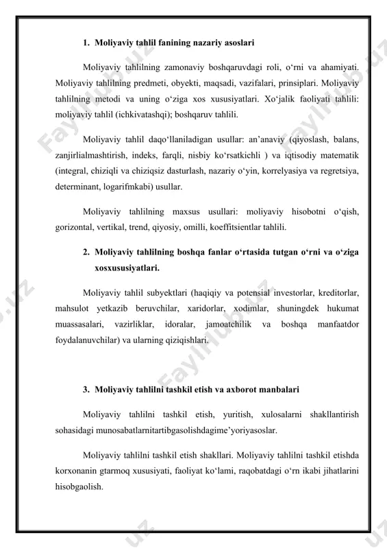 operativligi muammolari). auditor xulosalarini ko‘rib chiqish. auditdan o‘tkazilmagan hisobotlar. moliyaviy tahlilda qo‘llaniladigan boshqa axborotlar. moliyaviy tahlilda kompyuter texnologiyalari va dasturiy ta’minotlardan foydalanish. korxona operatsion faoliyatining tahlili operatsion faoliyat tahlilining mazmuni va muhim vazifalari. korxona faoliyatining turlari: operatsion, investitsion, moliyaviy faoliyat. operatsion faoliyat tahlili va uning muhim jihatlari. mahsulot (ish, xizmat)larning tarmoq va faoliyat tavsifi. mahsulot ishlab chiqarish hajmi, xarajat va foyda aloqadorligini tahlili (cvp tahlil). mahsulot (ish, xizmat)larning kritik hajm darajasi va uning omilli tahlili. mahsulot (ish, xizmatlar) ishlab chiqarish hajmini tahlili. mahsulo tassortimentini boshqarish. sotish hajmini tahlili. korxona operatsion faoliyati samaradorligini (mehnat unumdorligi, ishlab chiqarish kuvvatlaridan foydalanish, innovatsion mahsulot, eksport hajmi ko‘rsatkichlarini) baholash. operatsion leveridj tahlili. operatsion risklar va ularni boshqarish. korxonaning iqtisodiy faoliyati mamlakat iqtisodiyotining asosiy asosi sifatida o'z ta'rifini qadimgi yunonistonda, jamiyat hayoti va uning rivojlanishi uchun turli xil imtiyozlar yaratish to'g'risidagi nazariya paydo bo'lgan paytda qayta tiklandi. har qanday zamonaviy davlatning asosini turli xil mahsulotlar ishlab …