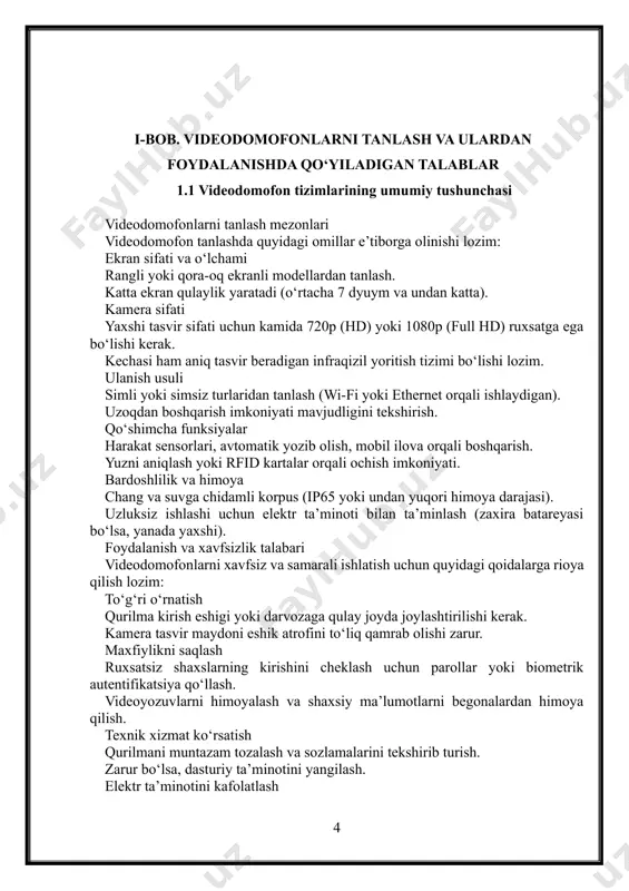 zon. raqamli (ip) videodomofonlar – yuqori sifatli tasvir (hd, full hd) va keng funksiyalar to‘plamiga ega. bulutli saqlash, internet orqali boshqarish kabi qo‘shimcha imkoniyatlar mavjud. ishlash funksiyasiga ko‘ra oddiy videodomofonlar – faqat videoaloqa va eshikni ochish funksiyasiga ega. ilg‘or funksiyali videodomofonlar – harakat sensori, yuzni tanib olish, ovozli buyruqlar, mobil ilovalar bilan sinxronizatsiya kabi qo‘shimcha imkoniyatlarga ega. ishlash prinsipi tashrif buyuruvchi tashqi blokdagi qo‘ng‘iroq tugmasini bosadi. ichki blok ovozli va vizual signal orqali tashrif buyuruvchi kelganini xabar qiladi. foydalanuvchi ichki monitor orqali tashrif buyuruvchini ko‘radi va u bilan muloqot qiladi. agar kerak bo‘lsa, foydalanuvchi tugmani bosish yoki mobil ilova orqali eshikni ochadi. ba’zi ilg‘or tizimlarda tashrif buyuruvchi avtomatik ravishda tanib olinishi va eshik o‘z-o‘zidan ochilishi ham mumkin. videodomofonning afzalliklari xavfsizlikni oshirish – begona shaxslarni kirish oldidan tekshirish imkonini beradi. masofaviy boshqaruv – mobil ilova orqali eshikni ochish yoki yopish mumkin. arxivlash imkoniyati – yozib olish funksiyasi orqali oldingi tashriflarni tekshirish …