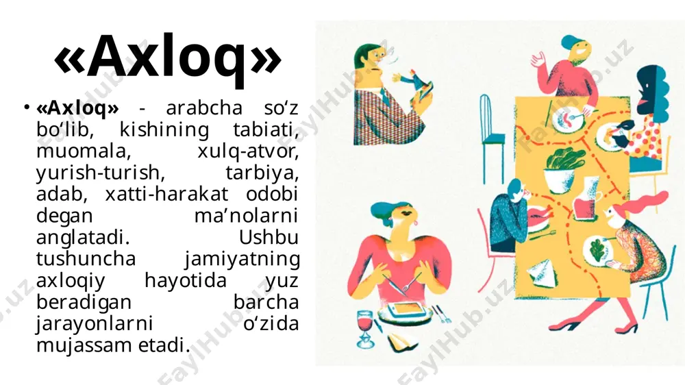 o‘ngilocharlik, huzurlanish ma’nolarini beradi. qadimgi davr axloqshunosligida gedonizm (huzurbaxshlik ta’limoti) hayotning ma’nosini nafaqat jismoniy, balki ruhiy huzurbaxshlikdan ham iborat degan ta’limotni ilgari surar edi. hozirgi davrga kelib esa bu tushuncha akasariyat holda o‘zida xudbinlik, «nafs quliga aylanish», «boylik, shuxrat ketidan quvish» kabi ma’nolarini ham anglatmoqda. evdemonizm gedonizmning qaysidir ma’noda davomchisi sanalgan yana bir yo‘nalishlardan biri evdemonizmdir. evdemonizm (grech. ευδαιμονία- barqarorlik, huzurbaxshlik, baxt) - inson asosiy faoliyatining baxtga erishuvga intilishi bilan bog‘liq bo‘lgan axloqshunoslik yo‘nalishlardan biri sanaladi. 2. axloqning inson va jamiyat hayotida bajaradigan funksiyalari. 1. axloqning tartibga solish, boshqarish funksiyasi - odamlar o‘rtasidagi munosabatlarni jamiyat tomonidan qabul qilingan, o‘rnatilgan axloqiy normalar orqali tartibga solinishi va boshqarishi bilan ifodalanadi. unda axloqiy munosabatlarni tartibga soluvchi vosita vazifasini axloq tamoyillari, normalari, jamoatchilik fikri, el-yurt o‘rtasidagi obro‘-martaba, an’ana, urf-odat, o‘git, pand-nasihat va boshqalar tashkil qiladi. tartibga solish, boshqarish esa bevosita moslovchi-norma, talab qiluvchi-norma, taqiqlovchi-norma, chegaralovchi-norma, namunali-norma va hokazolar orqali amalga oshiriladi. 2. axloqning aksiologik …