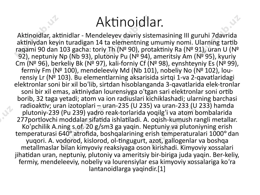 odisasini birinchi marta 1896 yilda a. a. bekkerel kashf qilgan. u uran tuzlaridan nomaʼlum nurlar chiqishini, bu nurlar xuddi rentgen nurlari kabi har xil moddalardan oʻtishini, fotografiya plstinkasini qoraytirishini birinchi boʻlib aniqladi va ularni radioaktiv nurlar deb atadi. tez orada toriyning radioaktivligi aniqlandi. 1898 y.da esa m. sklodovskaya kyuri va p. kyurilyar ikkita yangi radioaktiv element (poloniy va radiy) ni kashf etdilar. e. rezerford va yuqorida nomlari zikr etilgan olimlarning kuzatishlari natijasida radioaktiv moddalar oʻzidan uch xil koʻrinishdagi (a, r va u)nurlarni chiqarishi aniqlandi va bu nurlarning tabiati oʻrganildi: anurlar ikkita musbat zaryadga ega boʻlgan geliy atomining yadrosidan iborat; nurlar manfiy zaryadga ega boʻlgan elektronlardan iborat; unurlar rentgen nurlariga oʻxshaydigan elektromagnit nurlanishdir. sun’iy radioaktivlik. uran radioaktiv chiqaradigan yagona element emas. radioaktivlikni har tomonlama chuqur o’rgangan er – xotin mariya va pyer kyurilar uran rudasidan ikkita radioaktiv element – poloniy (po) va radiy (ra) larni ajratib olish sharafiga muyassar bo’ldilar. tabiiy …
