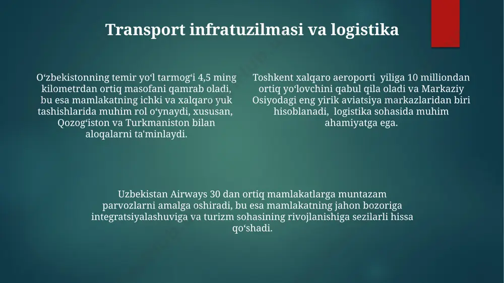 qat xavfsizligiga hissa qo'shish bilan birga, eksport potentsialini ham oshirdi. samarqand viloyatida 2023 yilda 10 ming gektardan ortiq yer maydoniga zamonaviy sug'orish tizimlari o'rnatildi, bu hosildorlikni 20-25% ga oshirdi va suv resurslaridan samarali foydalanishga yordam berdi. o'zbekistonning 2030 yilgacha bo'lgan oziq-ovqat xavfsizligi strategiyasi 50% gacha ichki iste'molni qoplash uchun chorvachilik mahsulotlari ishlab chiqarish hajmini ko'paytirishni ko'zda tutadi. iqtisodiy geografik pozitsiyaning baholanishi va istiqbollari oʻzbekistonning iqtisodiy-geografik pozitsiyasi markaziy osiyoda 40 milliondan ortiq aholisi va 447 400 km² maydoni bilan strategik ahamiyatga ega boʻlib, xalqaro transport yoʻllari chorrahasida joylashgan. oʻzbekistonning “buyuk ipak yoʻli”ning tarixiy qismida joylashuvi, 2023 yilda 6% ga yaqin oʻsish sur'atini koʻrsatgan sanoat va qishloq xoʻjaligi tarmoqlari, mintaqaviy hamkorlikni rivojlantirish uchun qulay imkoniyatlar yaratadi. mamlakatning iqtisodiy geografik pozitsiyasini baholashda, xonaki va eksportga yoʻnaltirilgan 20% dan ortiq paxta yetishtirish, qoʻshni davlatlar – qozogʻiston, tojikiston va afgʻoniston bilan savdo aloqalarini hisobga olish muhim. inson kapitali va mehnat resurslari oʻzbekistonning ishchi kuchining 60% …