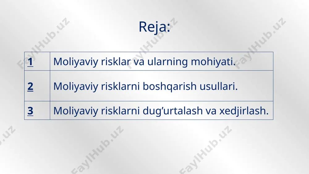 ektlar sug’urta summasiga bo’linadi shikastlanishning og’irligi-sug’urta summsaining qnday qiami yo’q qilinganligini anglatadi qayta sug’urtalash-bu alohida obyektlarni yoki sug’urtalashdagi riskning bir qismini ikkinchisiga o’tkazishdir. xedjirlash- valuta risklarini sug’urtalash usuli. xedjing-bu bozorda narxlarning salbiy o’zgarishidan sug’urta qilishdir. xedjirlash instrumentlari: birjali: fyuchers opsion birjasiz: forvard svoplar sales & strategy plan implement the plan mercury is the closest planet to the sun internal analysis venus is the second planet from the sun external analysis earth is the third planet from the sun sales plan despite being red, mars is a cold place sales strategy jupiter is the biggest planet in the system 1 2 3 4 5 $45,129 venus is a hot planet $202,652 mars was named after a god 74% mercury is a small planet $23,587 earth is the planet with life answers & arguments first outcome mercury is the closest planet to the sun write in here your question write in here …