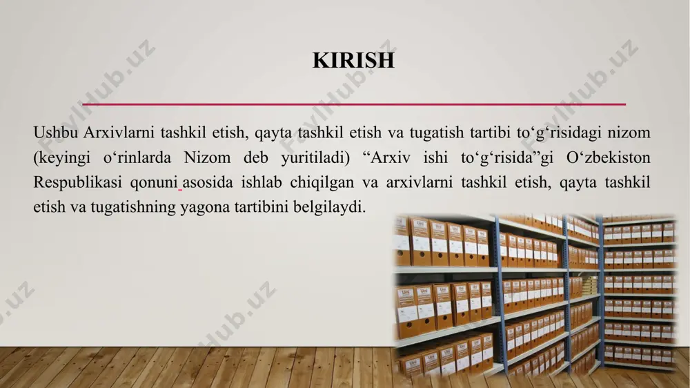 alablariga mos qo‘riqlash vositalari va yong‘inga qarshi vositalar mavjudligi; arxiv ishi bo‘yicha faoliyatni amalga oshirish uchun normativ-huquqiy va uslubiy bazalarning mavjudligi; arxivlarni qayta tashkil etish va tugatish tartibi arxivlarni qayta tashkil etish va tugatish qonun hujjatlarida belgilangan tartibda amalga oshiriladi.nodavlat arxivlarini qayta tashkil etishda mulkdor (muassis) arxiv hujjatlarining holati (joylashgan joyi, tarkibi, miqdori va taqsimlanishi) to‘g‘risidagi axborotni tegishli arxiv ishi bo‘yicha hududiy boshqarmaga qayta tashkil etish boshlanishidan kamida 3 oy oldin yuborishi kerak. arxivni qayta tashkil etish arxiv qayta tashkil etilayotganda uning faoliyat maqsadlari o‘zgarmaydi.davlat arxivi tugatilayotganda milliy arxiv fondining davlat katalogida hisobga olingan va asosiy hisobga olish hujjatlarida ro‘yxatdan o‘tkazilgan uning ixtiyorida bo‘lgan barcha arxiv hujjatlari to‘lig‘icha tegishli davlat arxivlariga topshiriladi. nodavlat arxivi tugatilayotganda arxivning mulkdorlari (muassislari) mazkur arxivning arxiv fondlarini boshqa arxivlarga belgilangan tartibda o‘z vaqtida topshirish uchun tegishli chora-tadbirlarni ko‘rishlari shart. foydalanilgan adabiyotlar arxivlarni tashkil etish, qayta tashkil etish va tugatish tartibi to‘g‘risida nizom https://new.tdpu.uz/page/5797 https://lex.uz/docs/-1993490 https://lex.uz/docs/-1993490 …