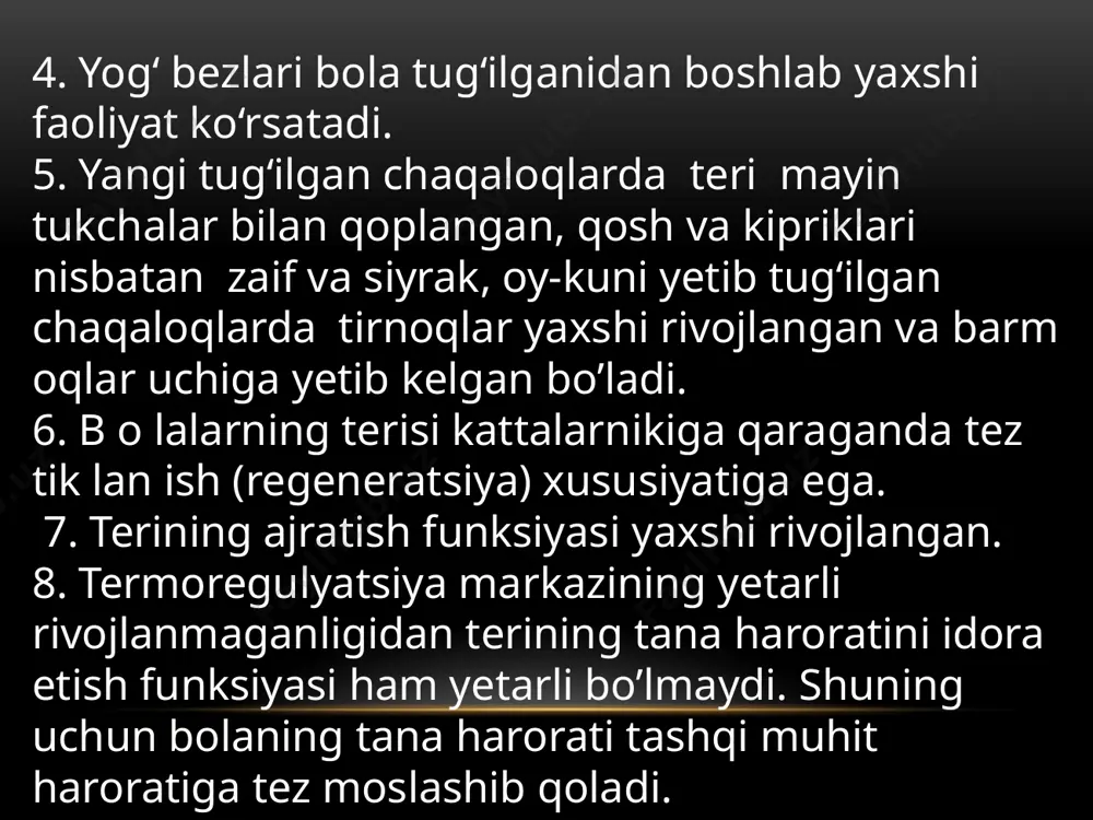 ‘g‘ri ovqatlanishiga, chiniqtirilishiga (ayniqsa, quyosh bilan) va kasalliklardan ehtiyot qilinishiga bog’liq. chaqaloqlar va emizikli yoshdagi bolalarning muskul tizimi zaifroq rivojlangan bo’lib, tana vaznining 23 -25 % ni tashkil qiladi(kattalarda esa 40 -45 %). bolalarning muskul to ‘qim asining tolalari nozik, nafis tuzilishga ega, yosh ulg‘ayishi barobarida u yo‘g‘onlashadi va shuning natijasida muskul tizim ining tanadagi ulushi ham ortadi. hayotining dastlabki oylarida bolalar m uskul tizim ida fiziologik gipertenziya (bukuvchi m uskullam ing yozuvchi muskullarga nisbatan tonusining ortiqcha bo’lishi) kuzatiladi, shuning uchun emizikli bolalar yo‘rgakdan yechilganda qo’l va oyoqlarini bukib, ona qornidagi holatini egallab turadi.muskullarning kuchi va tonusi bolalarda bo‘shroq bo’ladi. muskullarning harakat layoqati avvaliga bo‘yin va gavda muskullarida, keyinchalik qo’l va oyoqlarda paydo bo’ladi. muskul kuchi ham bola ulg‘aygan sayin ortib boradi. image1.png image3.jpeg /docprops/thumbnail.jpeg