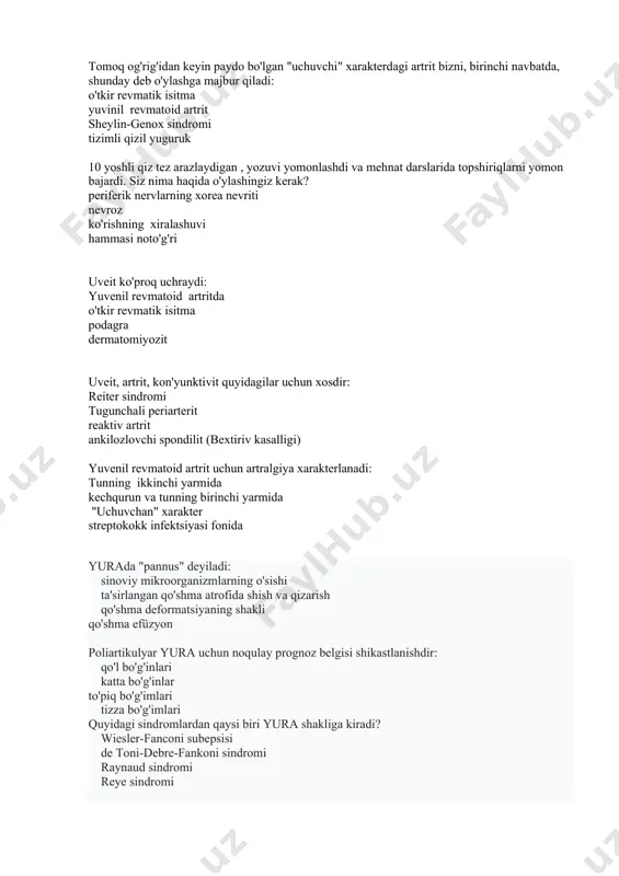 ar kardiorevmatolog va pediatr tomonidan qancha muddatda dispenser kuzatuvi olib boriladi? xar oyda 3 oyda 1 marta 6 oyda 1 marta 2 xaftada 1 marta revmatizmda o`lim sabablari: yurakning dekompensirlangan nuqsoni miokard infarkti buyrak etishmovchiligi nafas etishmovchiligi tez yordam beruvchi yurak glikozidlari: digoksin, lanzonit digoksin, izolanit strofantin, korglikon selanit qaysi nuqson o`ng qorincha yetishmovchiligi bilan tez asoratlanadi aorta etishmovchiligi aortal stenoz mitral stenoz mitral yetishmovchiligi revmatizmni davolashda gormonlarni qo`llash ko`rsatkichlarini aniqlang maksimal aktivligi minimal aktivligi yurak nuqsoni poliartrit yura allergo-septik varianti klinik kechishi: terilarda toshma, bo`g`inlarda shish osteoporoz mushaklar atrofiyasi artalgiya yura ni etiologiyasi: streptokokk, stafilakokk, virus, mikoplazma zamburug`lar yalligqlanish jarayoni allergic reaksiyalar yura ko`proq qaysi yoshdagi bolalarda uchraydi: 7-15 yoch 1-3 yosh 6 oygacha 1-2 yosh yura da bo`gim shikastlanishinig asosiy belgilari nimadan iborat: barcha javoblar to`g`ri og`riq shish ertalabki harakat cheklanishi yura da bo`g`imdan tashqari o`zgarishlarni sanab o`ting: isitma og`riq qadam tashlashning o`zgarishi krepitasiya yuraga taxmin qilinganda qanday …