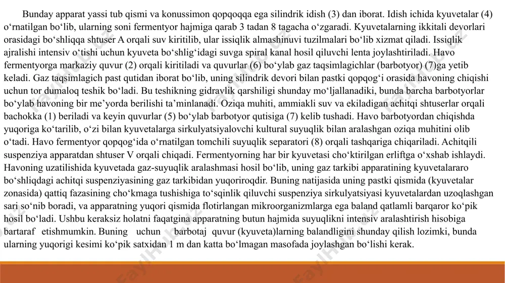 dan 4 tagacha) apparat balandligiga bog‘liq bo‘ladi. pastki aralashtirgich tagida gaz taqsimlagich (birlamchi aeratsiyalovchi tuzilma) (6) joylashtirilgan. idish hosil qiluvchilar bo‘ylab kengligi bm= 0,1d va balandligi hm = (1−f) bo‘lgan to‘rtta vertical to‘siqlar (4) o‘rnatilgan, bunda ns – apparatdagi suyuqlikning boshlang‘ich qatlami balandligi; - sistemaning gaz tarkibi. idish sig‘imi 16 m3 dan katta bo‘lganda uning ichiga qo‘shimcha issiqlik almashinuvi elementlari zmeeviklar (5) o‘rnatiladi. gazni mexanik dispergirlovchi fermentyorlar. h c gazni suyuqlikka dispergirlashda eng effektiv bo‘lib elementlari kattaliklarining quyidagi nisbatlarida olingan to‘g‘ri va qayrilgan parraklarga ega ochiq turbinali aralashtirgich hisoblanadi: dm/d = 0,2¼0,3 hl/dm = 0,2 ll/dm = 0,25 kichik xajmli yoki to‘ldirish balandligi past bo‘lgan fermentyorlarda gazni dispergirlash uchun o‘ziso‘ruvchi turbinali aralashtirgichlardan foydalanish mumkin. o‘zi so‘ruvchi aralashtirgichlarning qo‘llanilishi havoni fermentyorga majburiy uzatishning zaruriyatini yo‘q qiladi. bu ularning asosiy yutug‘idir. dispegirlash qattiq yoki suyuq jismlarni mayin qilib maydalash . kolloidlar va umuman dispers sistemalar olish usullaridan biridir. sirkulyatsion konturda aralashtirgichga eega …