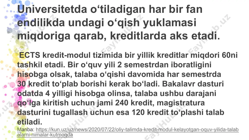 nishga, analiz qilishiga, amaliyot bilan bog’lashiga to’g’ri keladigan (majbur qiladigan), muhimi talaba hisobotni ko’chirmachilik yordamida bajarolmaydigan savollar berilishi kerak. masalan 1-tanqidiy mulohaza: o’rganilgan bob/ bo’lim (bob nomi yoziladi) doirasida avvaldan nimalarni bilardingiz va bu bilimlar mavzuni o’zlashtirishga qanday yordam berdi? ushbu bobda o’rganilgan bilimlarning qaysi jihatdan fanni o’zlashtirishda muhum deb hisoblaysiz? bobni/mavzuni o’rganishda siz uchun uchun qiyin va oson juhatlar nimada? kelgusida ushbu mavzu bo’yicha bilim va ko’nikmalarni qanday foydalanasiz? (javob varag’ida har bir savol va uning javobi ko’rsatilsin). 21 baholash kreteriyasi namuna 2. topshiriq nomi: ikki usulda ayting/ maqola prezintatsiyasi (tell me in two/ article presentation) topshiriqning tasnifi: ushbu topshiriq uchun siz o'zingizga tayinlangan maoqlani o'qishni yakunlashingiz va ikkita mahsulot yaratishingiz kerak: (1) bitta powerpoint slayd va (2) 2 daqiqalik nutq. yaxshi ishlab chiqilgan slayd yordamida siz ikki daqiqa davomida maqolangizda keltirilgan asosiy ma'lumotlarni aniq ko'rib chiqish uchun gapirasiz. siz tengdoshlaringizga ma'lumotni kurs va ularning o'qitish amaliyotiga integratsiyalashda yordam …
