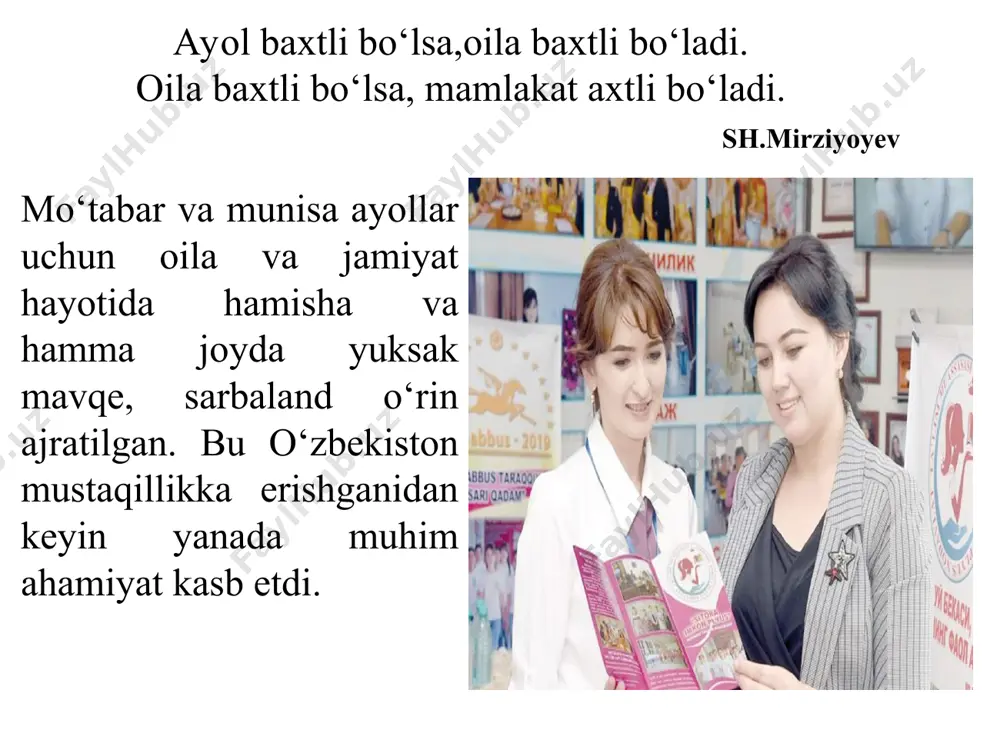 hakllanishi va farovonligi mustahkamlanishiga, onalik va bolalik muhofazasiga mu­nosib hissa qo‘shgan xotin-qizlarni rag‘batlantirishga e’tibor tubdan kuchaytirildi. bundan tashqari 2019-yil 2-sentabrda “xotin-qizlar va er­kaklar uchun teng huquq hamda imkoniyatlar kafolatlari to‘g‘­risida”gi qonun qabul qilindi. qonunning maqsadi — xotin-qizlar va erkaklar uchun teng huquq hamda imkoniyatlarni ta’minlash sohasidagi munosabatlarni tartibga solishdan iborat. bunda gender siyosatini amalga oshirishni ta’minlashga doir choralar belgilab berildi. bu o‘rinda, jumladan, jinslarning notengligini bartaraf etish, xotin-qizlar va erkaklarning haqiqiy tengligini ta’minlash bo‘yicha aniq maqsadlarga erishish uchun davlat organlari tomonidan ko‘riladigan huquqiy, tashkiliy hamda institutsiyaviy xususiyatga ega chora-tadbirlar ko‘zda tutilmoqda. ushbu qonunda xotin-qizlar va erkaklar uchun teng huquq hamda imkoniyatlarni ta’minlash sohasidagi davlat siyosatining asosiy yo‘nalishlari belgilab berilgan. xususan, mazkur sohadagi normativ-huquqiy bazani shakllantirish va takomillashtirish, davlat dasturlari, milliy harakat rejalari va strategiyalarni ishlab chiqish ham­da amalga oshirish, xotin-qizlar va erkaklar uchun teng huquq hamda imkoniyatlar madaniyatini shakllantirish, jamiyat va davlat ishlarini boshqarishda xotin-qizlar va erkaklarning teng ishtirok etishini …