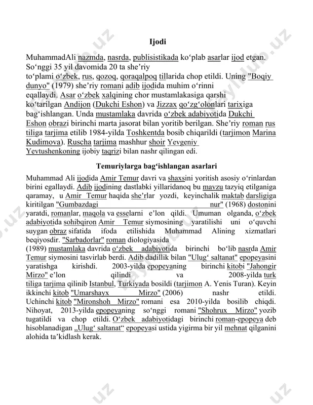 dining dastlabki yillaridanoq bu mavzu tazyiq etilganiga qaramay, u amir temur haqida sheʼrlar yozdi, keyinchalik maktab darsligiga kiritilgan "gumbazdagi nur" (1968) dostonini yaratdi, romanlar, maqola va esselarni eʼlon qildi. umuman olganda, oʻzbek adabiyotida sohibqiron amir temur siymosining yaratilishi uni oʻquvchi suygan obraz sifatida ifoda etilishida muhammad alining xizmatlari beqiyosdir. "sarbadorlar" roman diologiyasida (1989) mustamlaka davrida oʻzbek adabiyotida birinchi boʻlib nasrda amir temur siymosini tasvirlab berdi. adib dadillik bilan "ulugʻ saltanat" epopeyasini yaratishga kirishdi. 2003-yilda epopeyaning birinchi kitobi "jahongir mirzo" eʼlon qilindi va 2008-yilda turk tiliga tarjima qilinib istanbul, turkiyada bosildi (tarjimon a. yenis turan). keyin ikkinchi kitob "umarshayx mirzo" (2006) nashr etildi. uchinchi kitob "mironshoh mirzo" romani esa 2010-yilda bosilib chiqdi. nihoyat, 2013-yilda epopeyaning soʻnggi romani "shohrux mirzo" yozib tugatildi va chop etildi. oʻzbek adabiyotidagi birinchi roman-epopeya deb hisoblanadigan „ulugʻ saltanat“ epopeyasi ustida yigirma bir yil mehnat qilganini alohida taʼkidlash kerak. „abadiy sogʻinchlar“ roman-xronikasi muhammad ali 2005-yilda „abadiy sogʻinchlar“ roman-xronikasini …