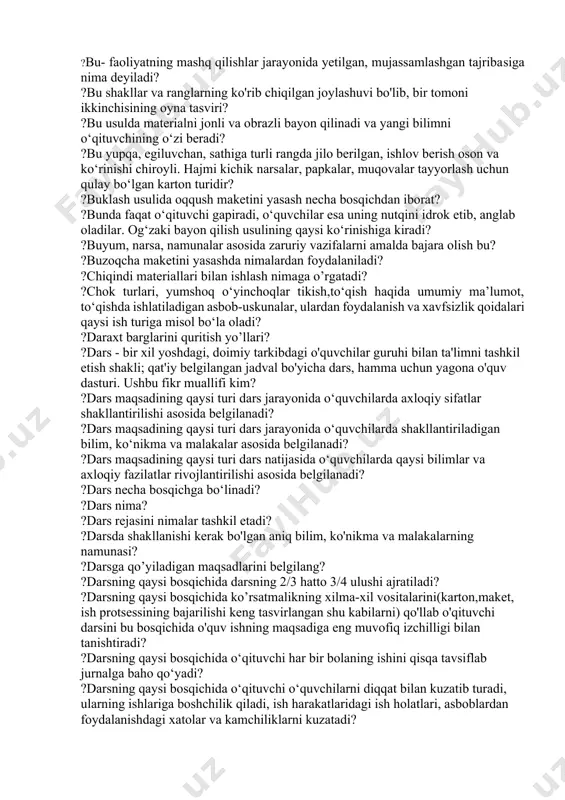 mobillar, qayiqlar, baliqlar, qushlar, hayvonlar va boshqalar tasvirlari qanday shaklga kiradi? ?badiiy kashtachilik sinfdan tashqari ishlarning qaysi turiga kiradi? ?badiiy qurish-yasash uchun 1- sinf texnologiya darsligida necha soat ajratilgan? ?badiiy san’at asarlari yaratishning eng sodda va oson usuli? ?barcha ranglar necha turga bo‘linadi? ?barglar, gullar, daraxtlar, sabzavotlar, mevalar, rezavorlar, kapalaklar siluetlari, vazalar, idishlar tasvirlari qanday shakllarga kiradi? ?barglardan nimalar yasaladi? ?barglarni quritish jarayoniga oid noto‘gri fikrni toping? ?barglarni quritish ketma- ketligi necha bosqichda davom etadi? ?baxya chokdan qaysi jarayonda foydalaniladi? ?berilgan tushunchalarni shakllantirish ketma-ketligi qaysida javobda to’g’ri ifodalangan? ?bezatiladigan matoning arqoq va o‘rish iplari sanab kashta tikilishi kashtachilikning qaysi turiga mansub? ?bigizdan foydalanish nechta qoidani o‘z ichiga oladi? ?bigizdan foydalanish qoidalari qaysi qatorda to’g’ri ko’rsatilgan? ?bigizdan foydalanish qoidasi noto‘g‘ri ko‘rsatilgan qatorni toping? ?bigizdan qaysi ish turlarida foydalaniladi? ?biror maqsad uchun qaratilgan aqliy yoki jismoniy faoliyat, ish-bu? ?biror narsani aniqlash uchun biror narsa qilish xohishi (jarayon)? ?bisser bilan ishlash qaysi sinflarda …